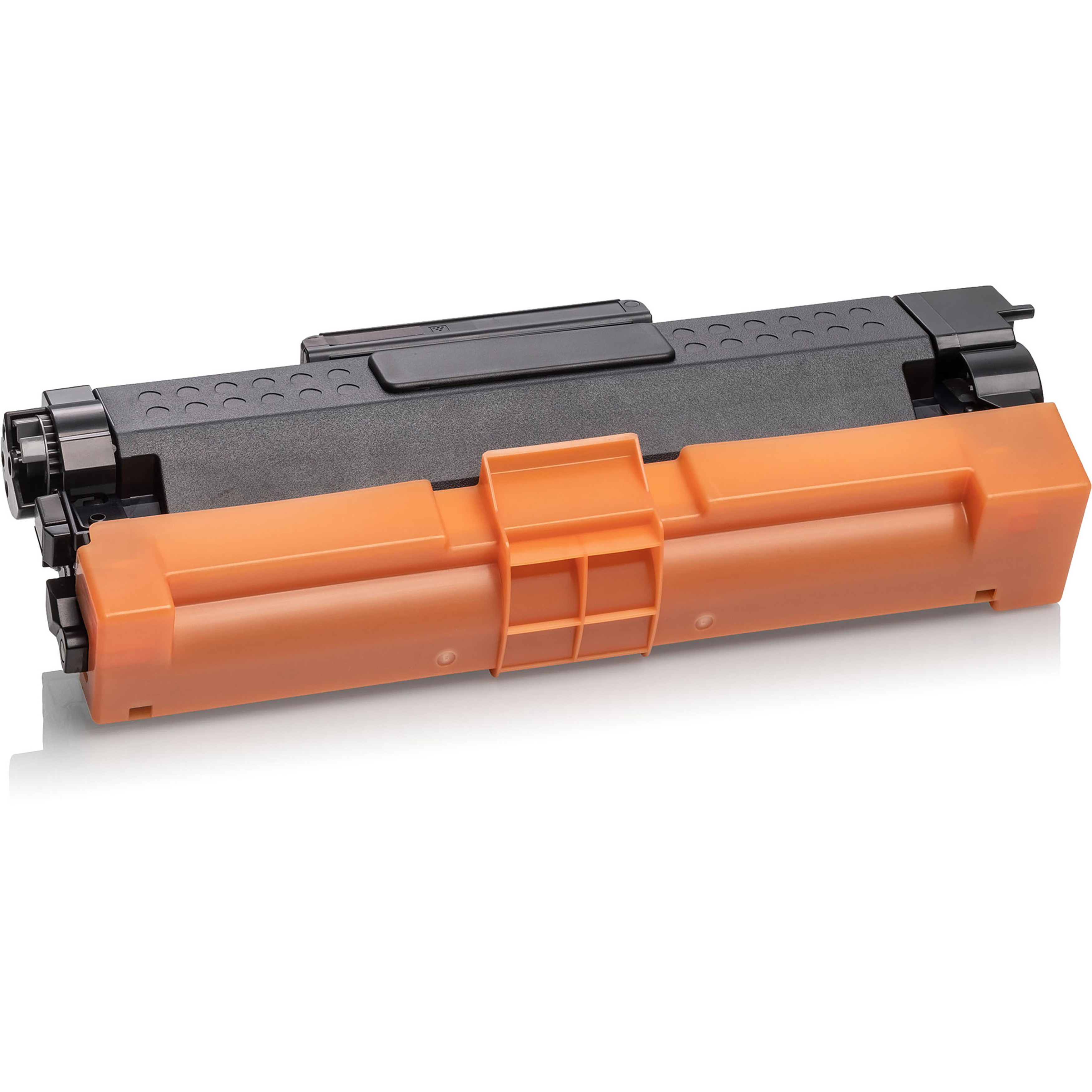 Orange und schwarze Tonerkartusche. Weißer Hintergrund.