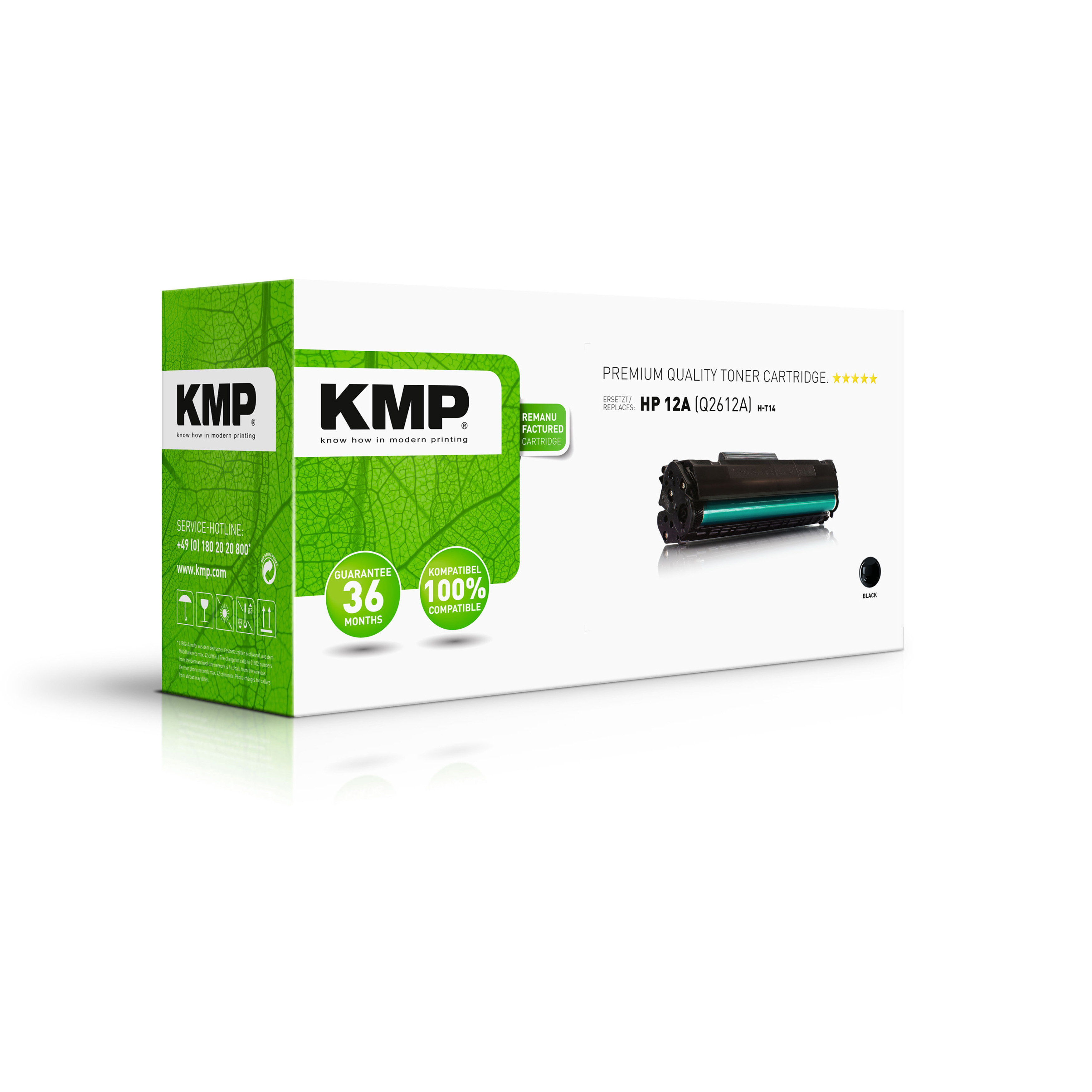 Scatola di cartucce toner con etichetta KMP, toner nero. La scatola ha un adesivo di garanzia verde e il marchio.