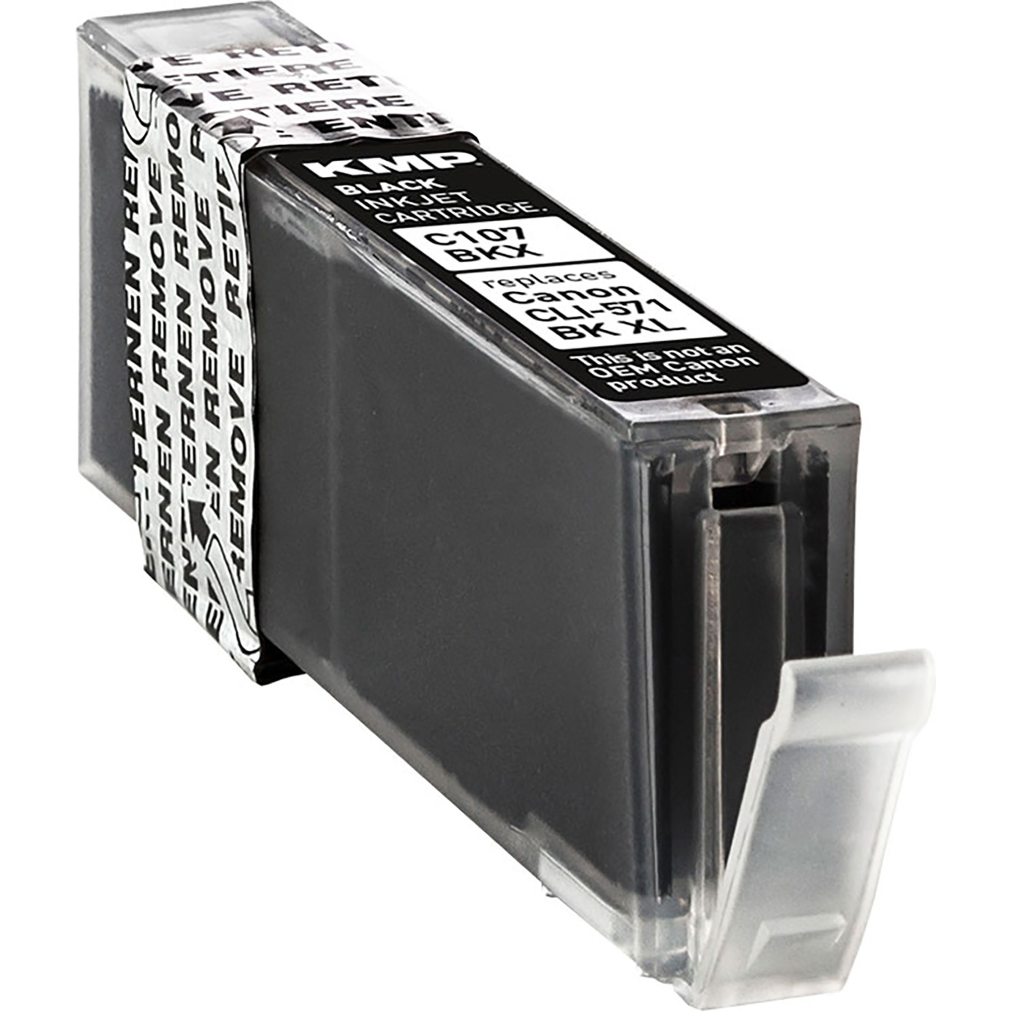Una cartuccia a getto d'inchiostro nera in una scatola trasparente. Il testo "KMP BLACK INKJET CARTRIDGE" è stampato su di essa.