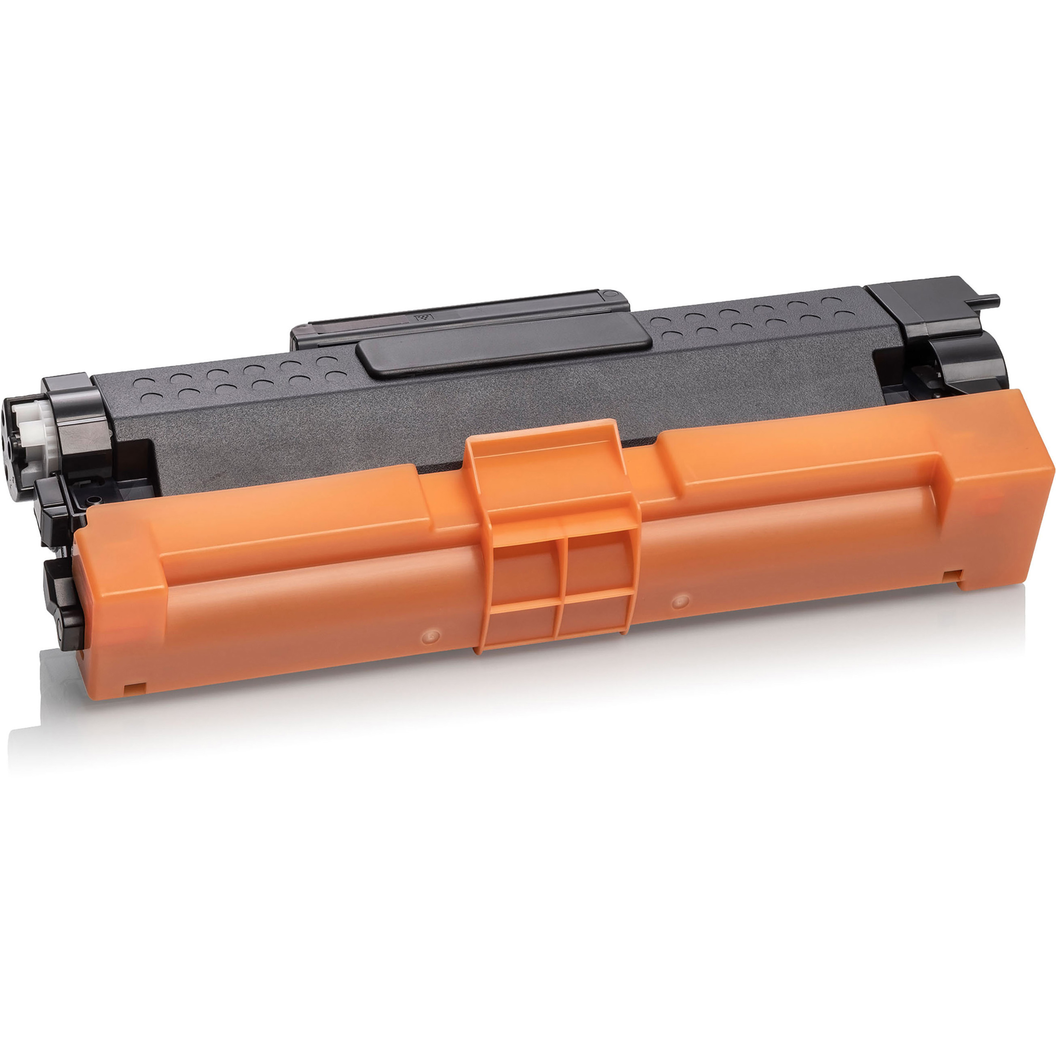 Eine orangefarbene und schwarze Tonerkartusche für einen Drucker.