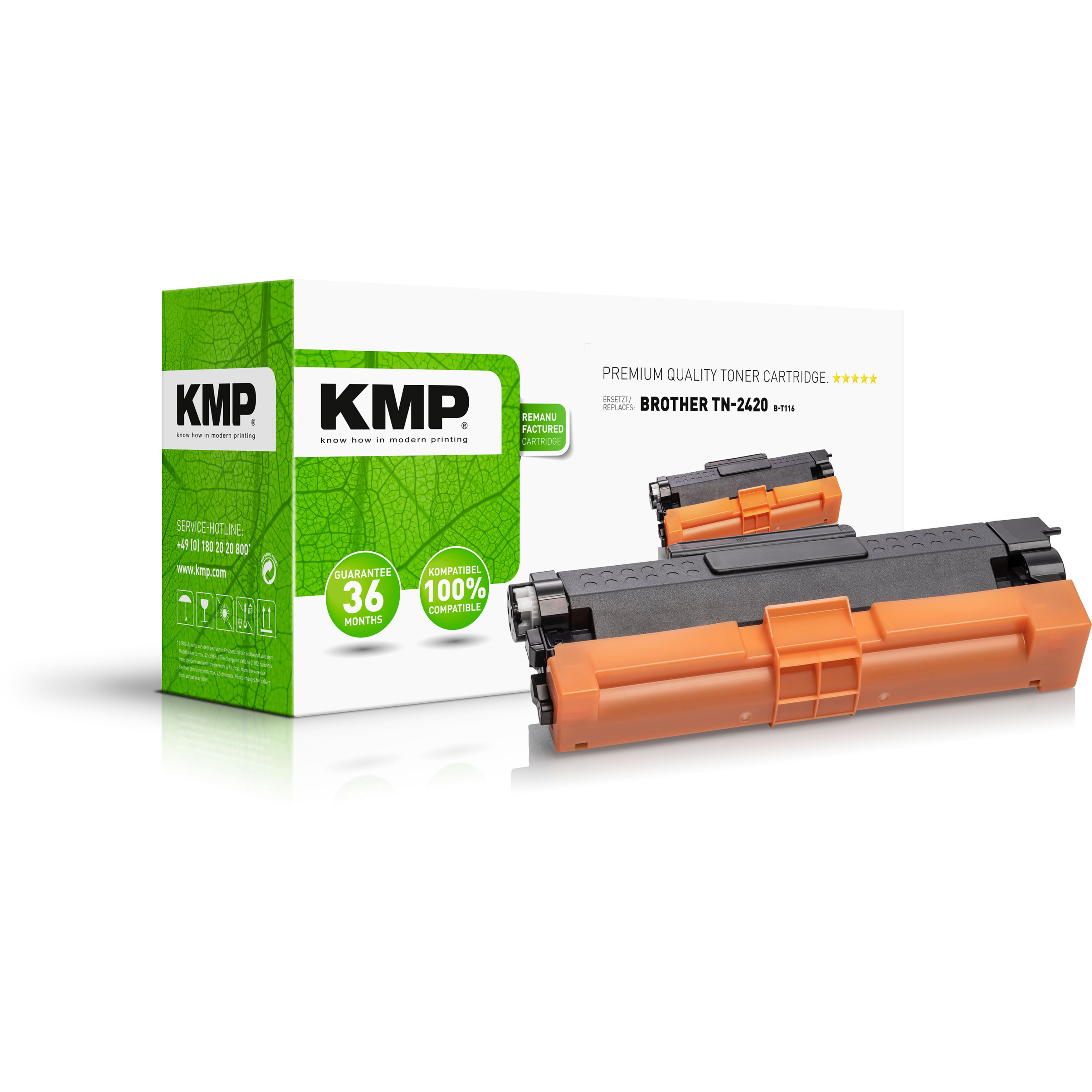 Eine KMP-Tonerkartusche mit einer weißen und grünen Box. Die Kartusche ist orange und schwarz.