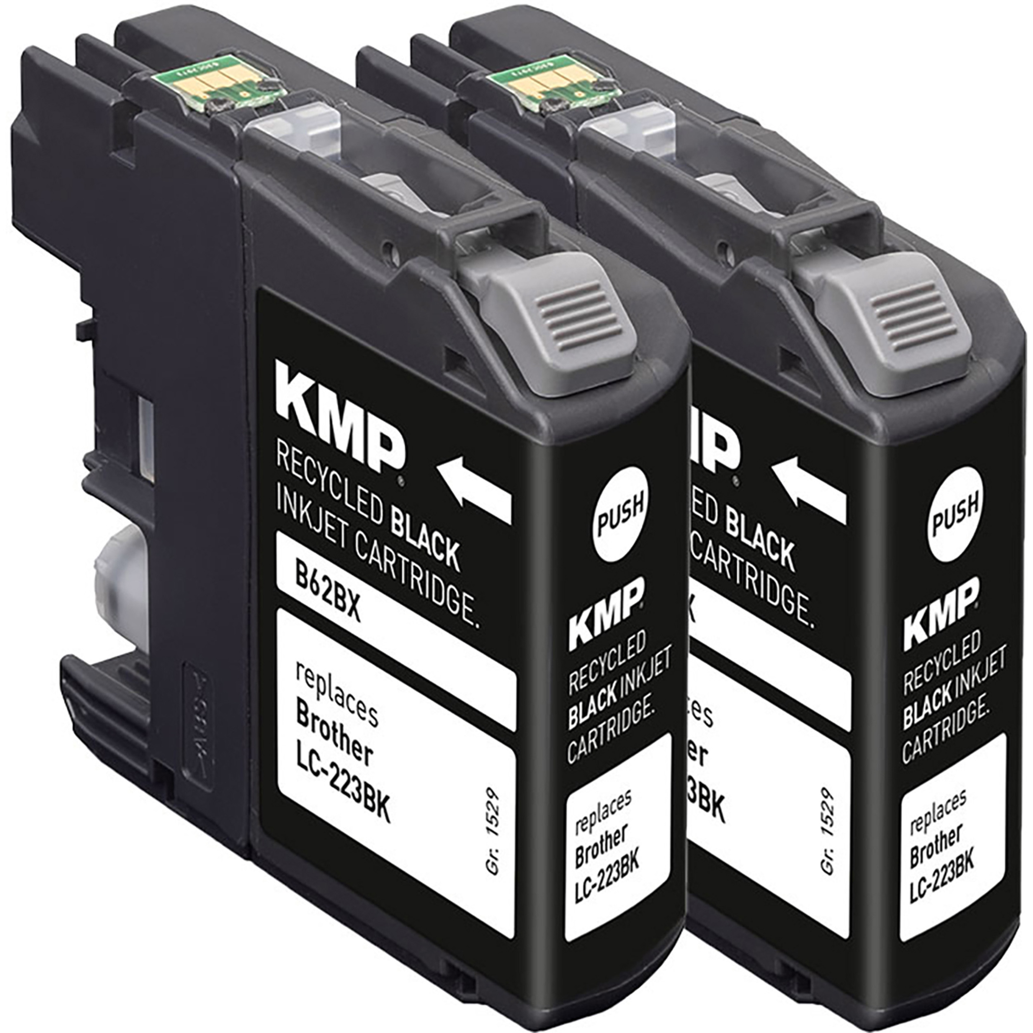 Zwei schwarze recycelte Tintenstrahlpatronen vor weißem Hintergrund. Der Text „KMP RECYCLED BLACK INKJET CARTRIDGE“ steht darauf.
