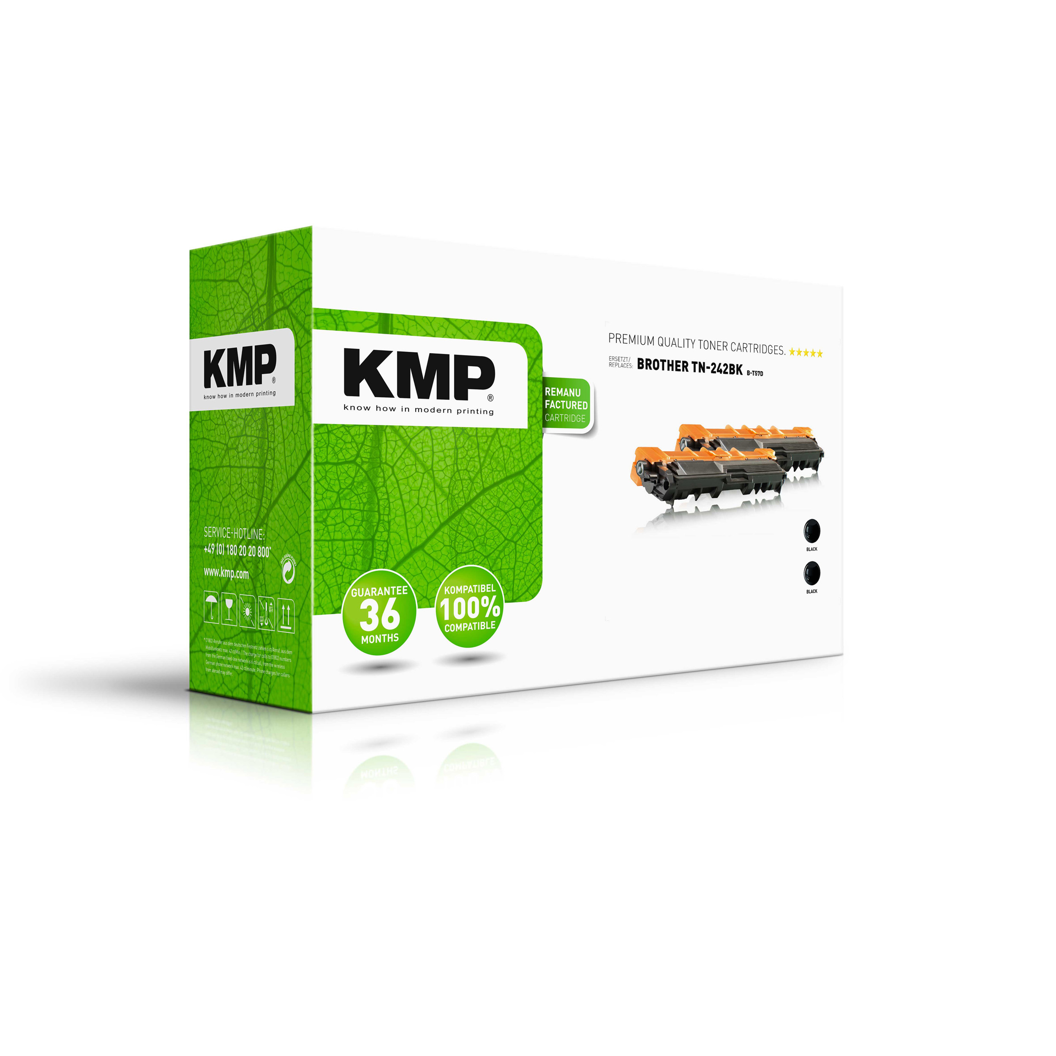 Una caja de cartuchos de tóner KMP con cartuchos de tóner naranja visibles en el interior.