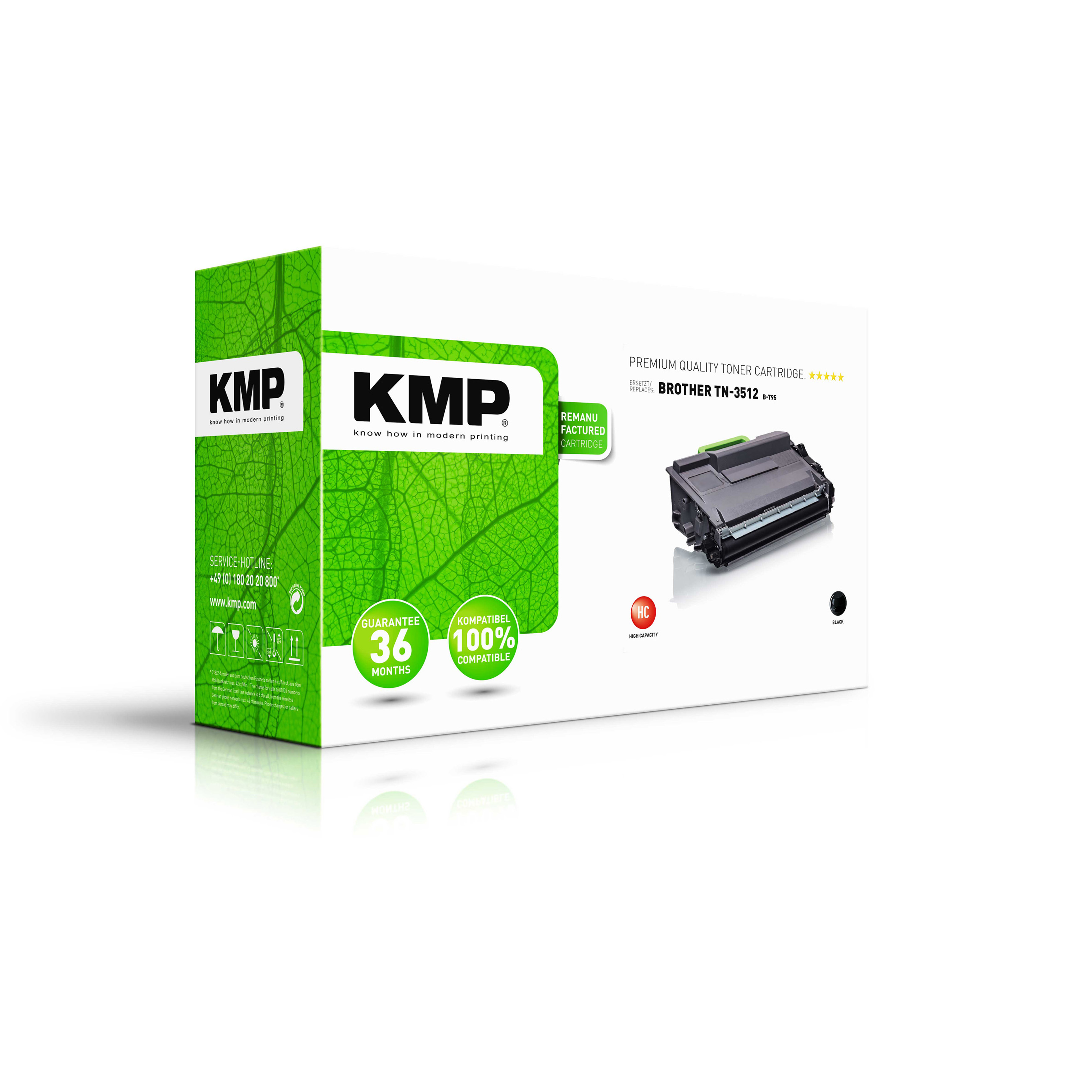 Una scatola di cartucce toner KMP con un motivo a foglie verdi e una cartuccia toner nera.