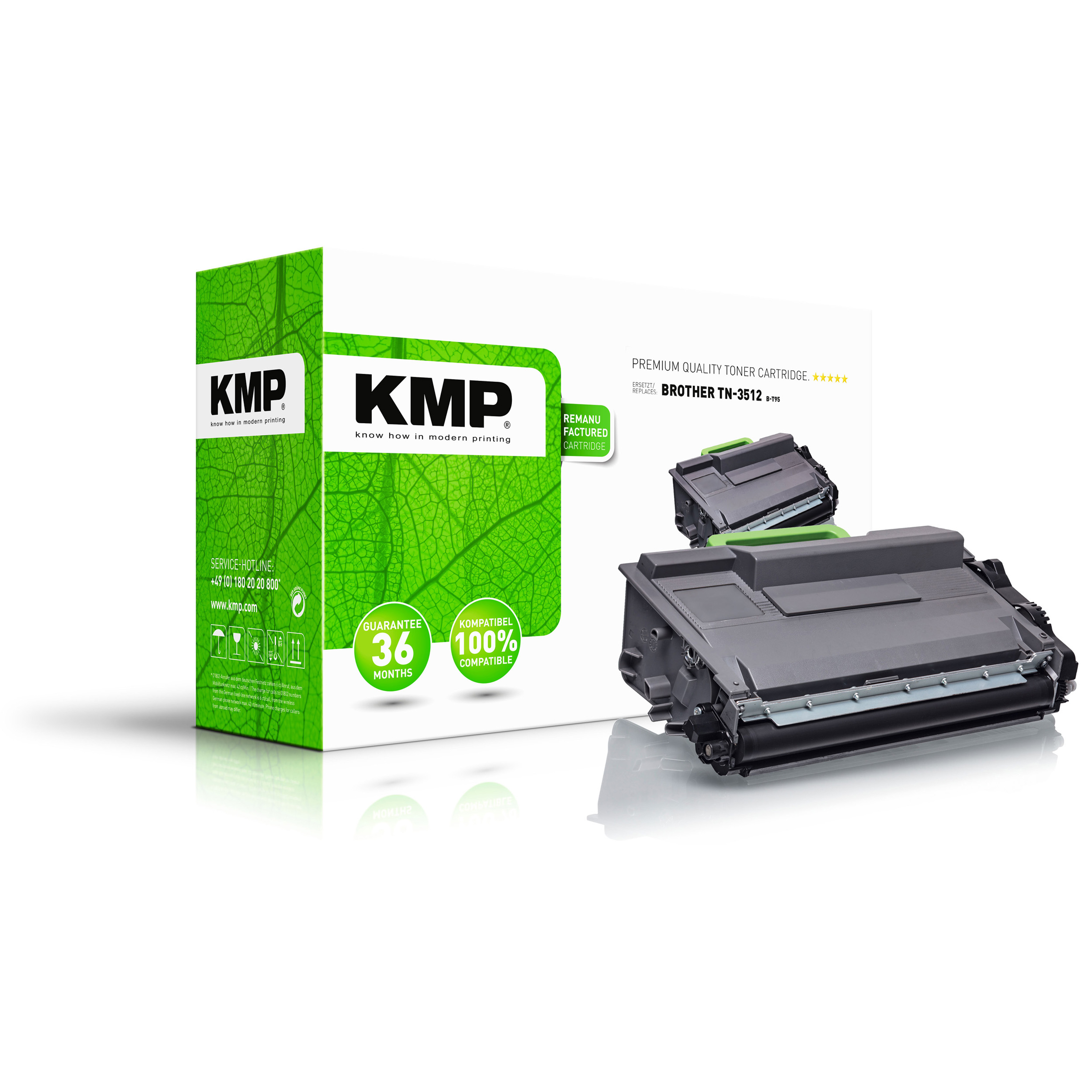 Scatola e cartuccia per stampante KMP, con design a foglie verdi e logo KMP.