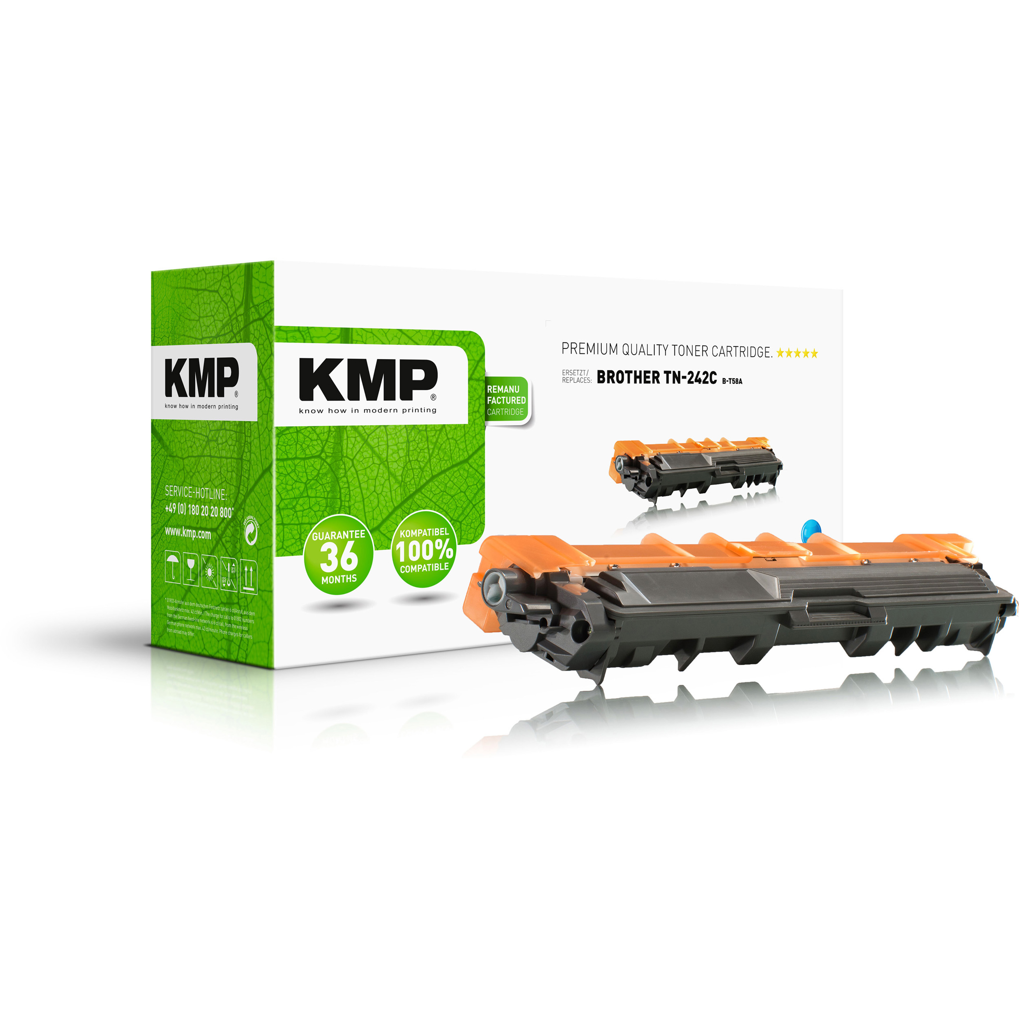 Caja y cartucho de tóner KMP. Cartucho naranja. Fondo verde con detalles de garantía y compatibilidad.