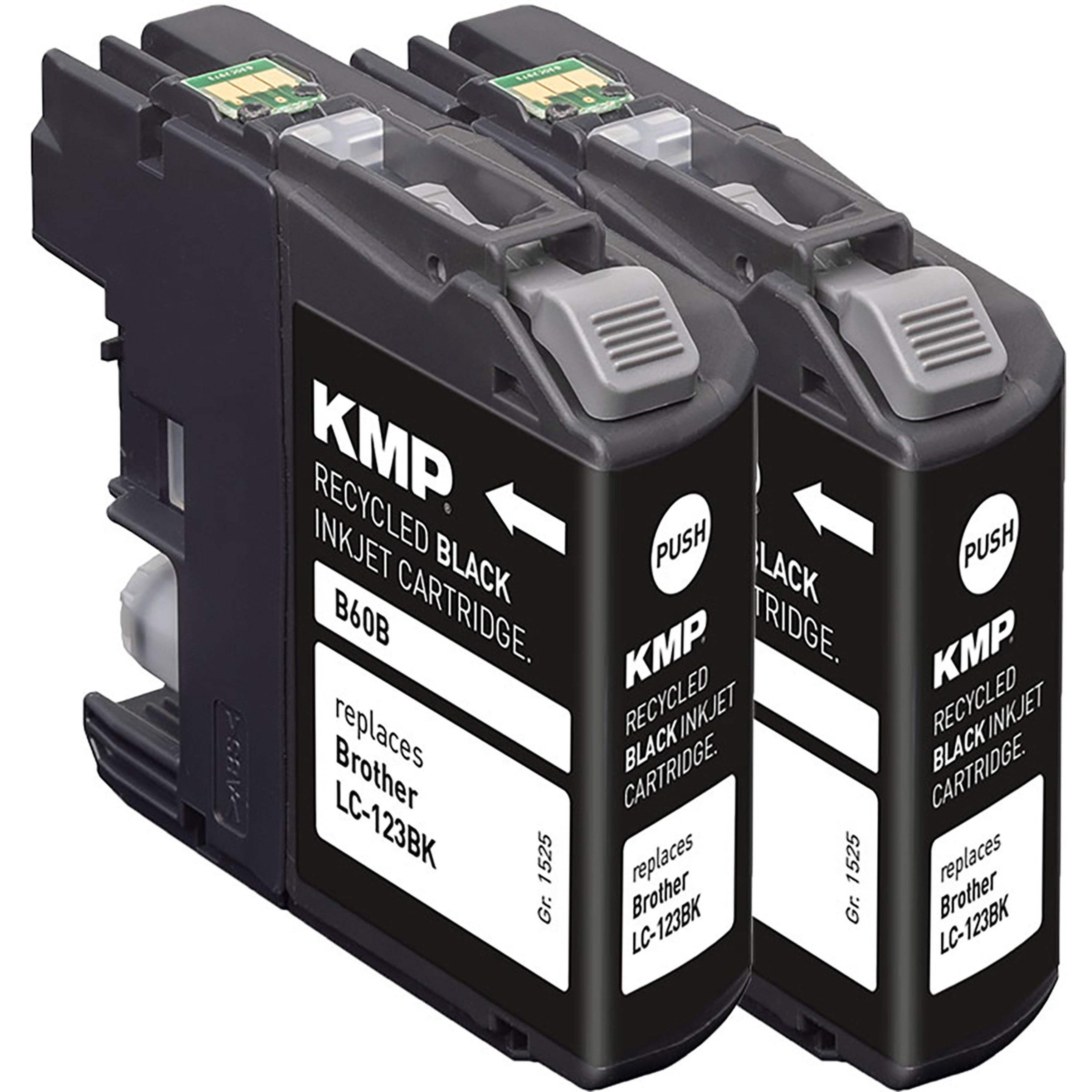 Zwei schwarze KMP-Patronen für recycelte Tintenstrahldrucker mit weißen Etiketten und grauen Druckknöpfen.