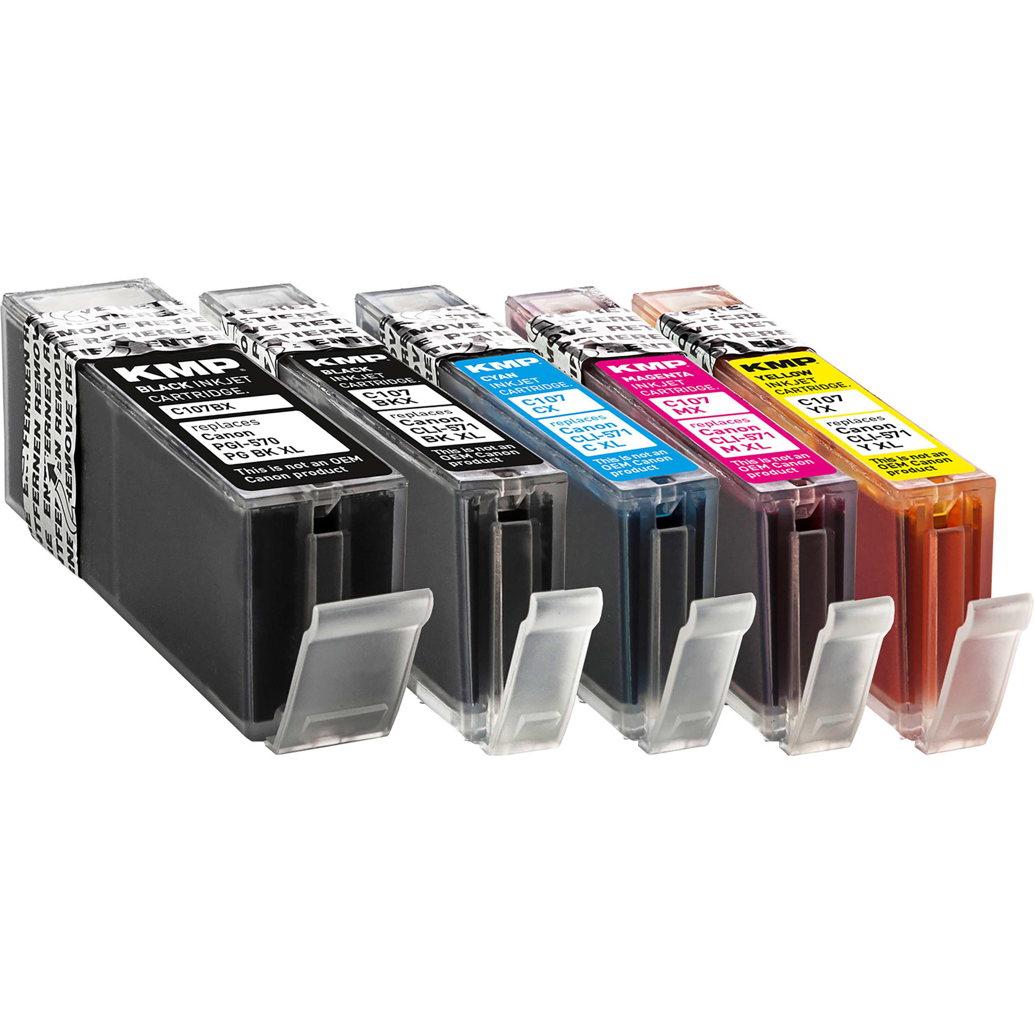 Cinque cartucce d'inchiostro in vari colori, etichettate con marca e tipo di inchiostro, disposte una accanto all'altra.