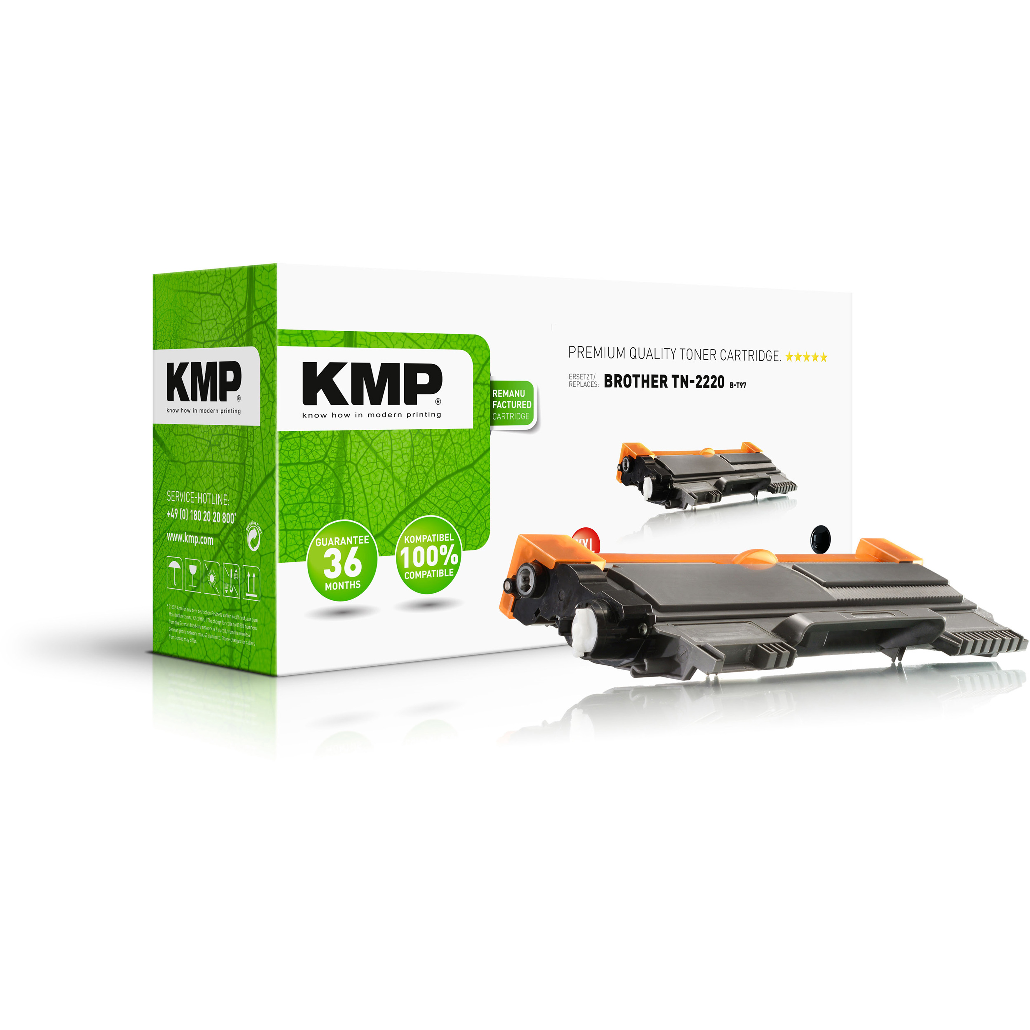 Scatola di cartucce toner KMP e una cartuccia toner su una superficie bianca.