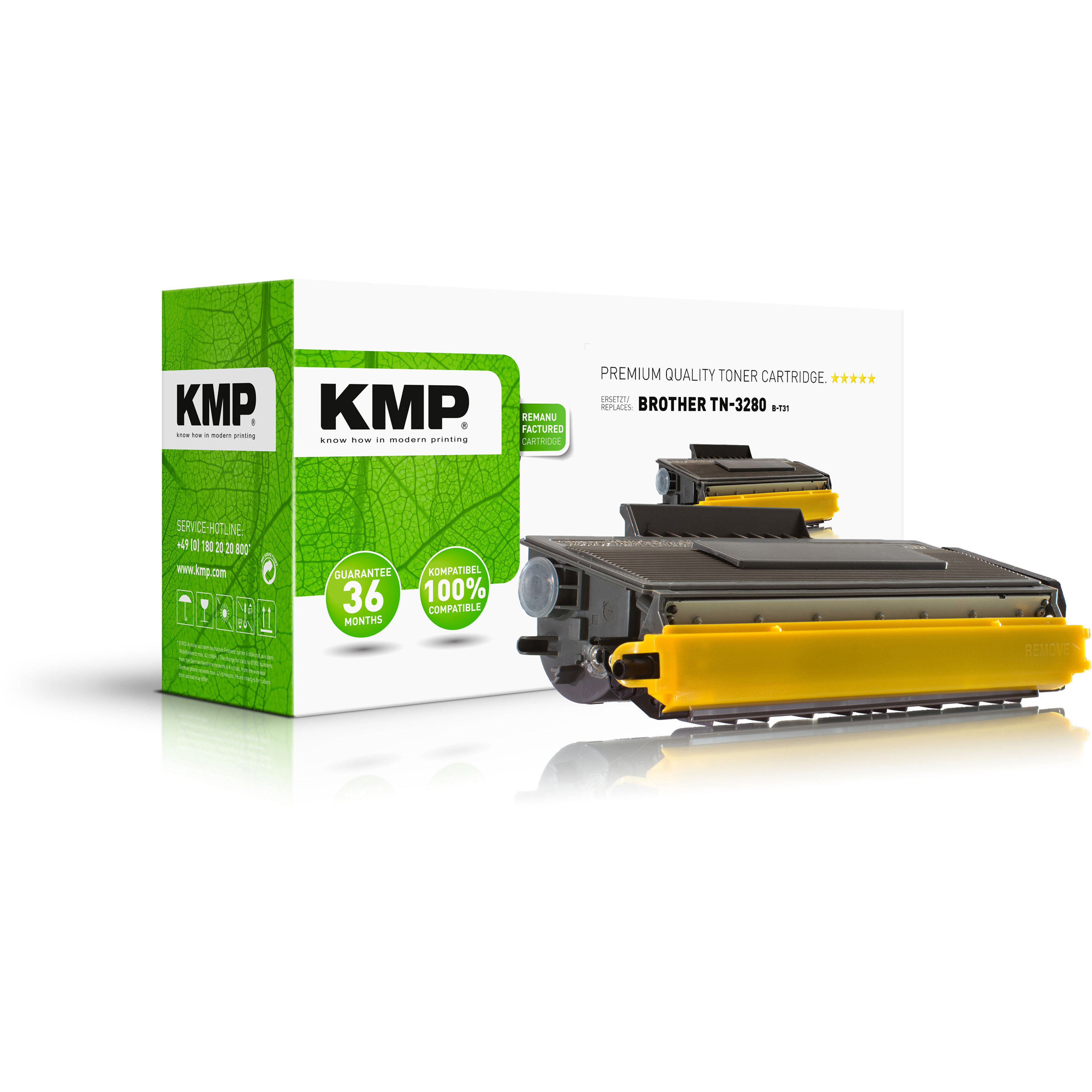 Cartuccia toner KMP, gialla e nera, con confezione che riporta KMP.