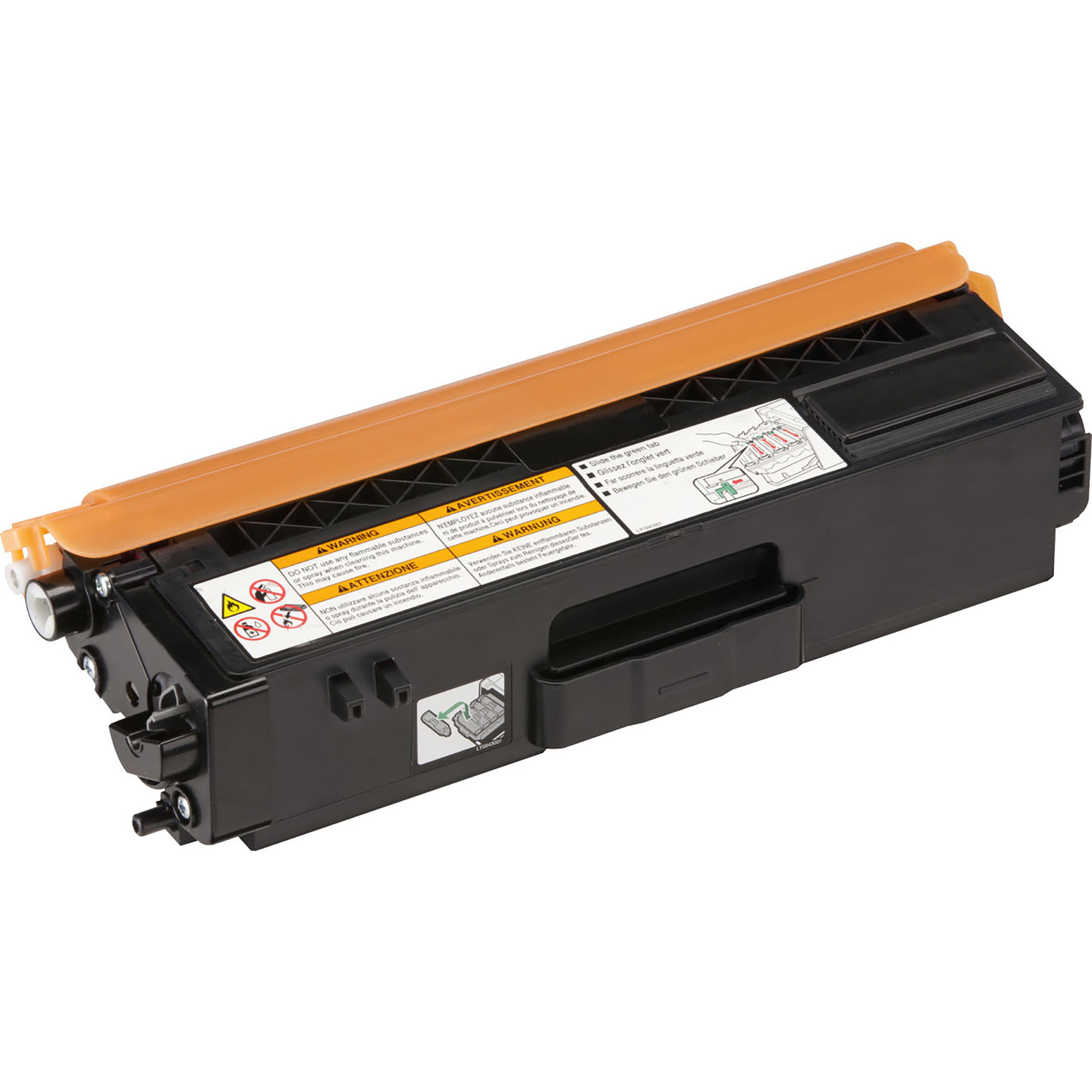 Schwarz-orange Drucker-Tonerkartusche auf weißem Hintergrund.