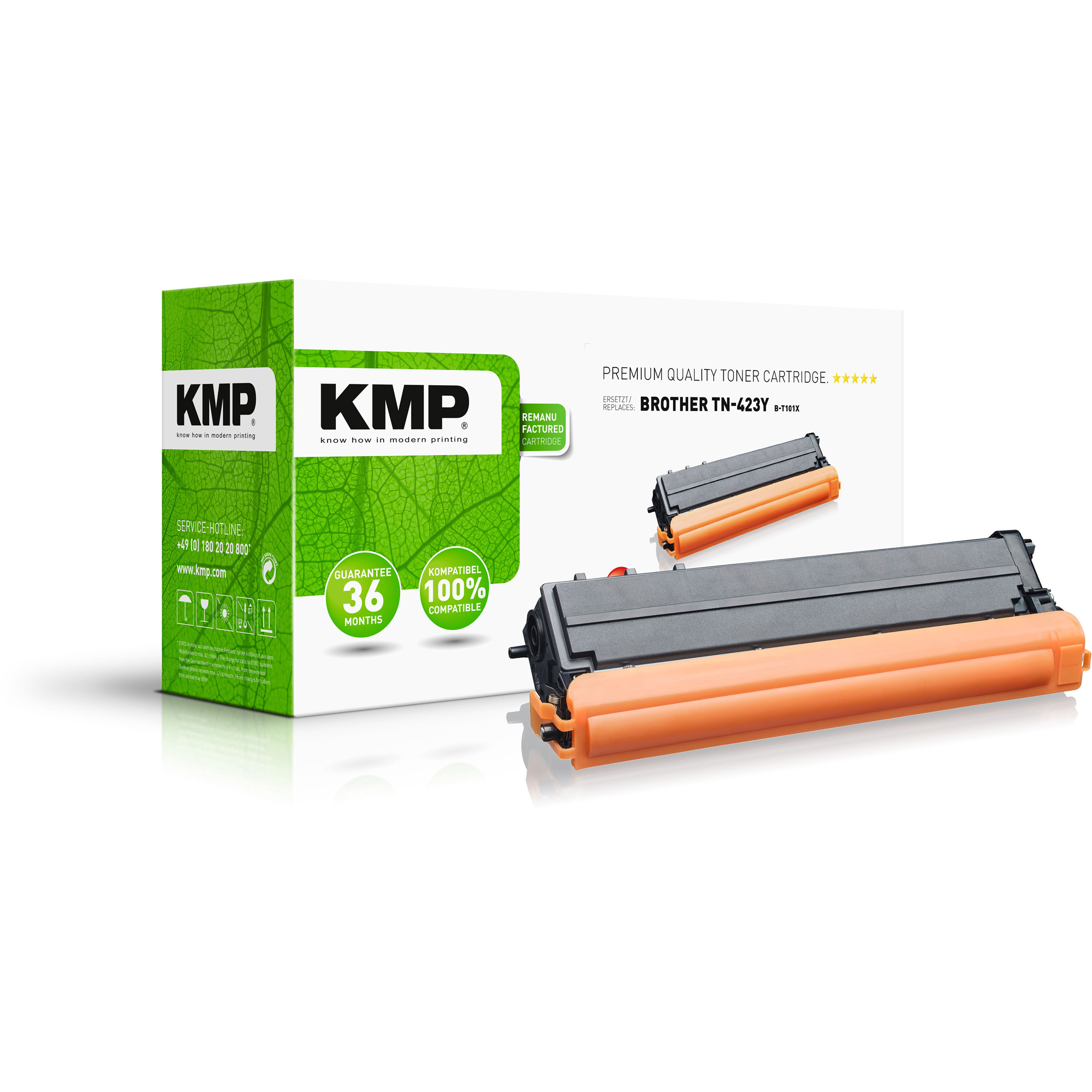 Eine KMP Tonerkartuschenbox und -kartusche auf weißem Hintergrund, mit grünen und orangenen Elementen.