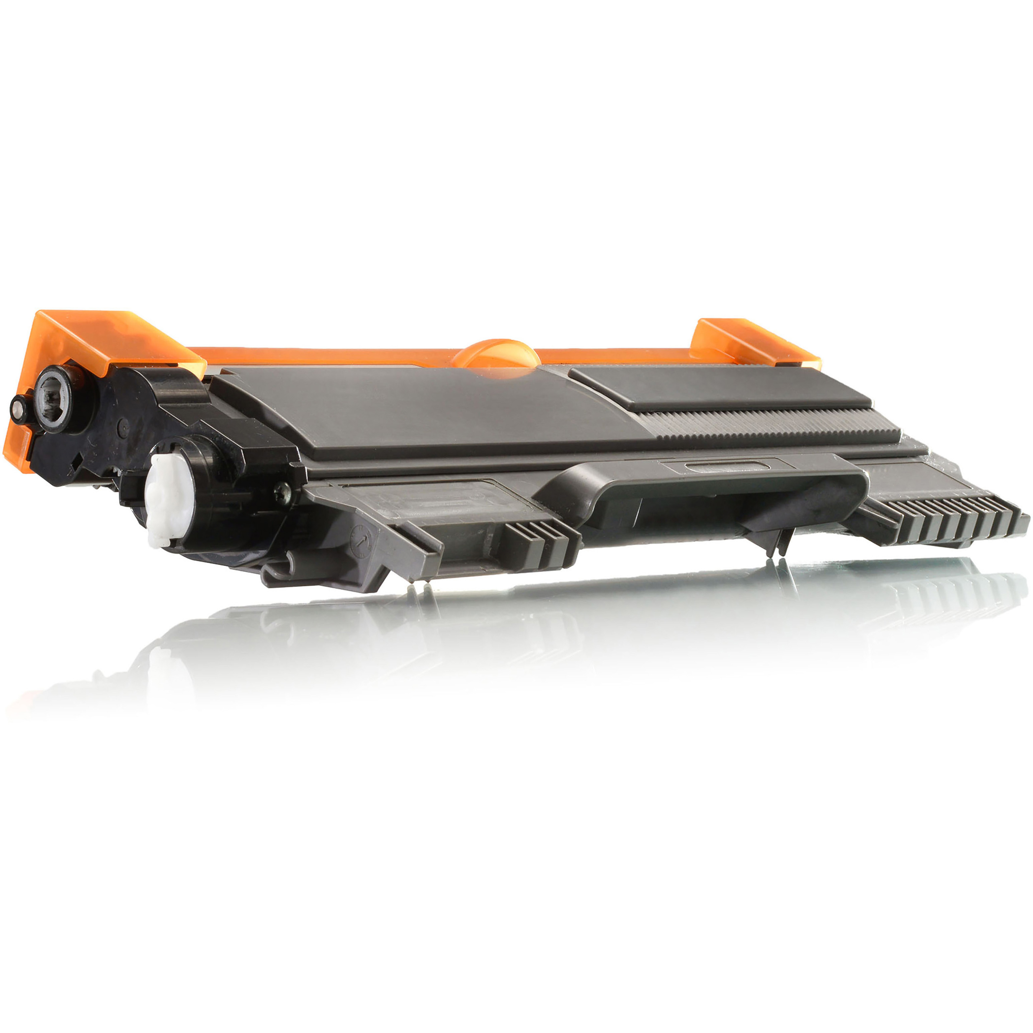 Una cartuccia toner per stampante con componenti neri e arancioni.
