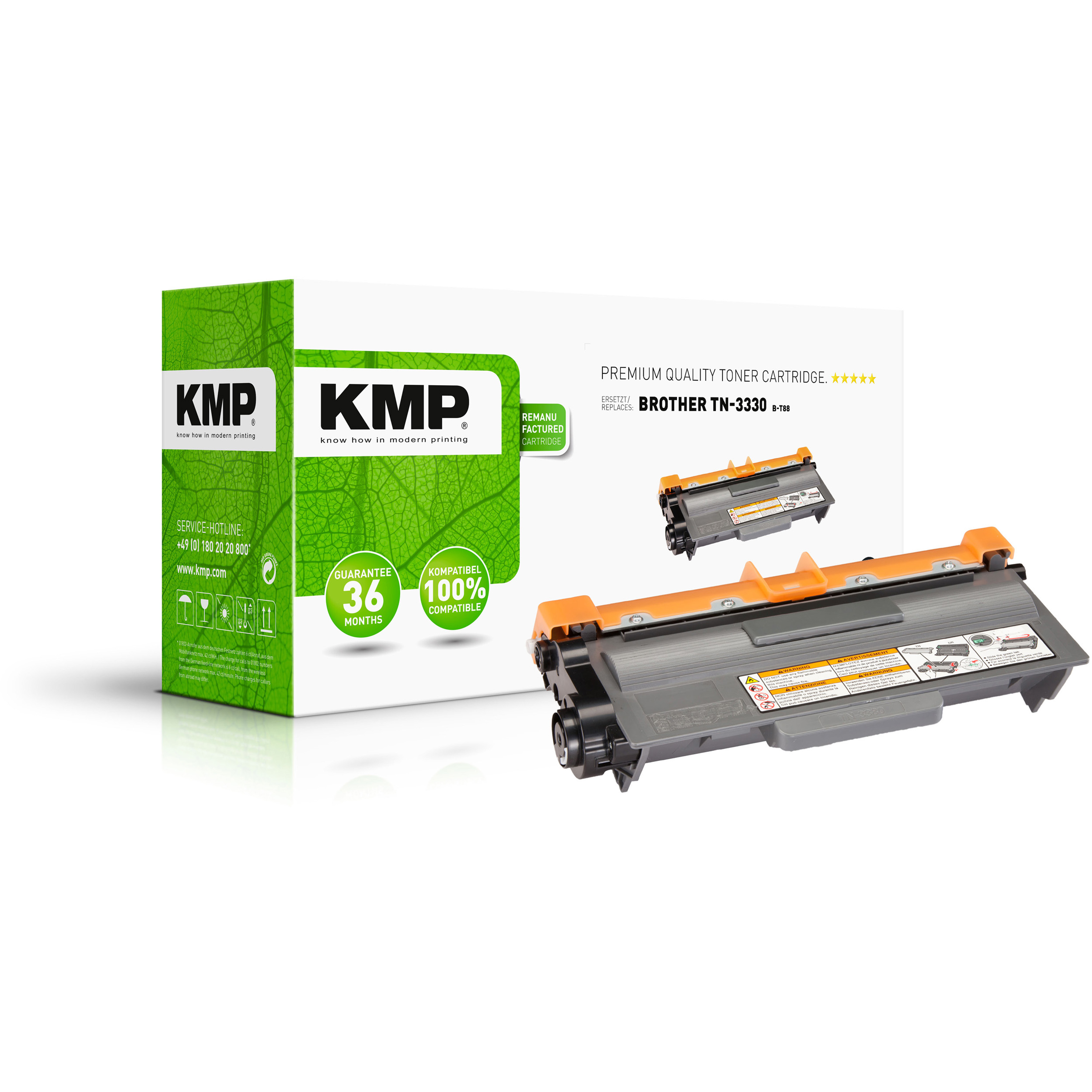 Tonerkartuschenbox mit Kartuschenbild. Weißer Hintergrund, Marke KMP, orange und schwarzer Toner.
