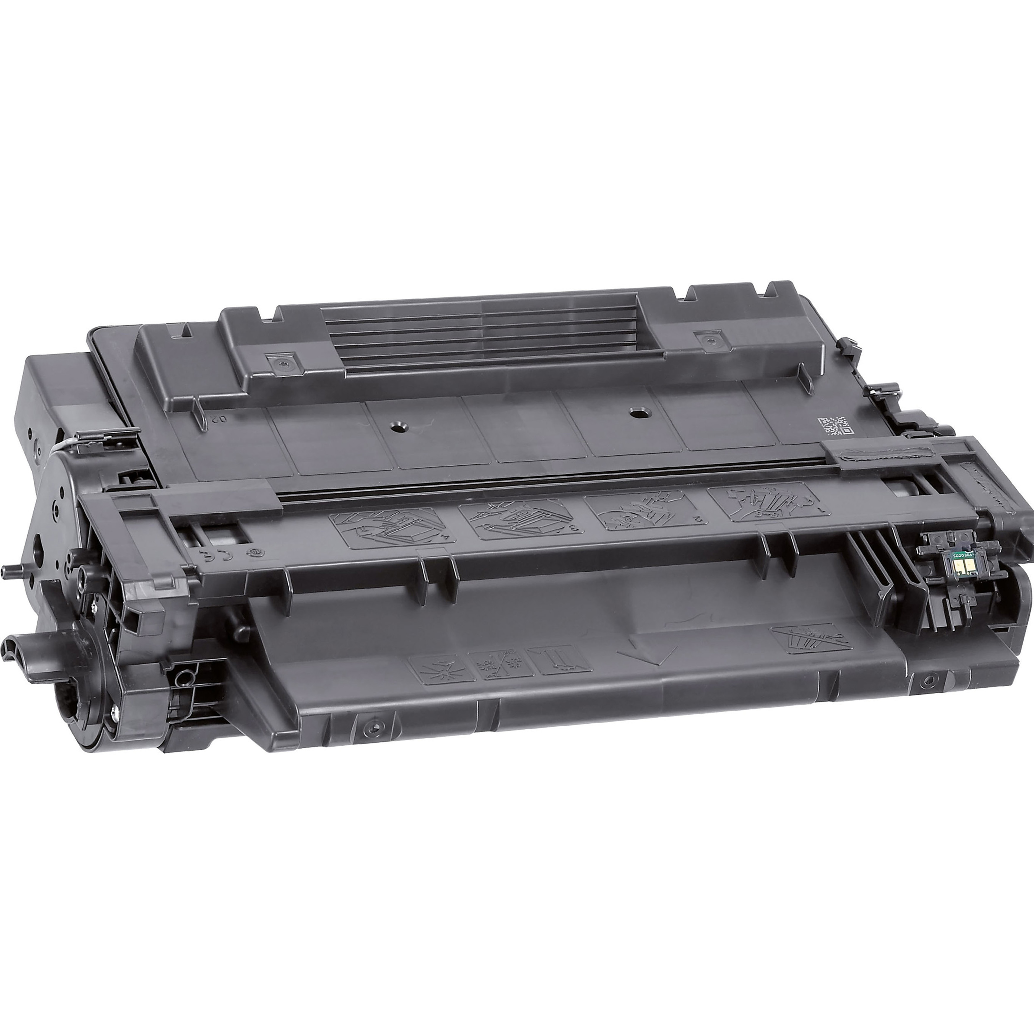 Una cartuccia toner nera. Ha una forma rettangolare e presenta varie frecce e segni sulla superficie superiore.
