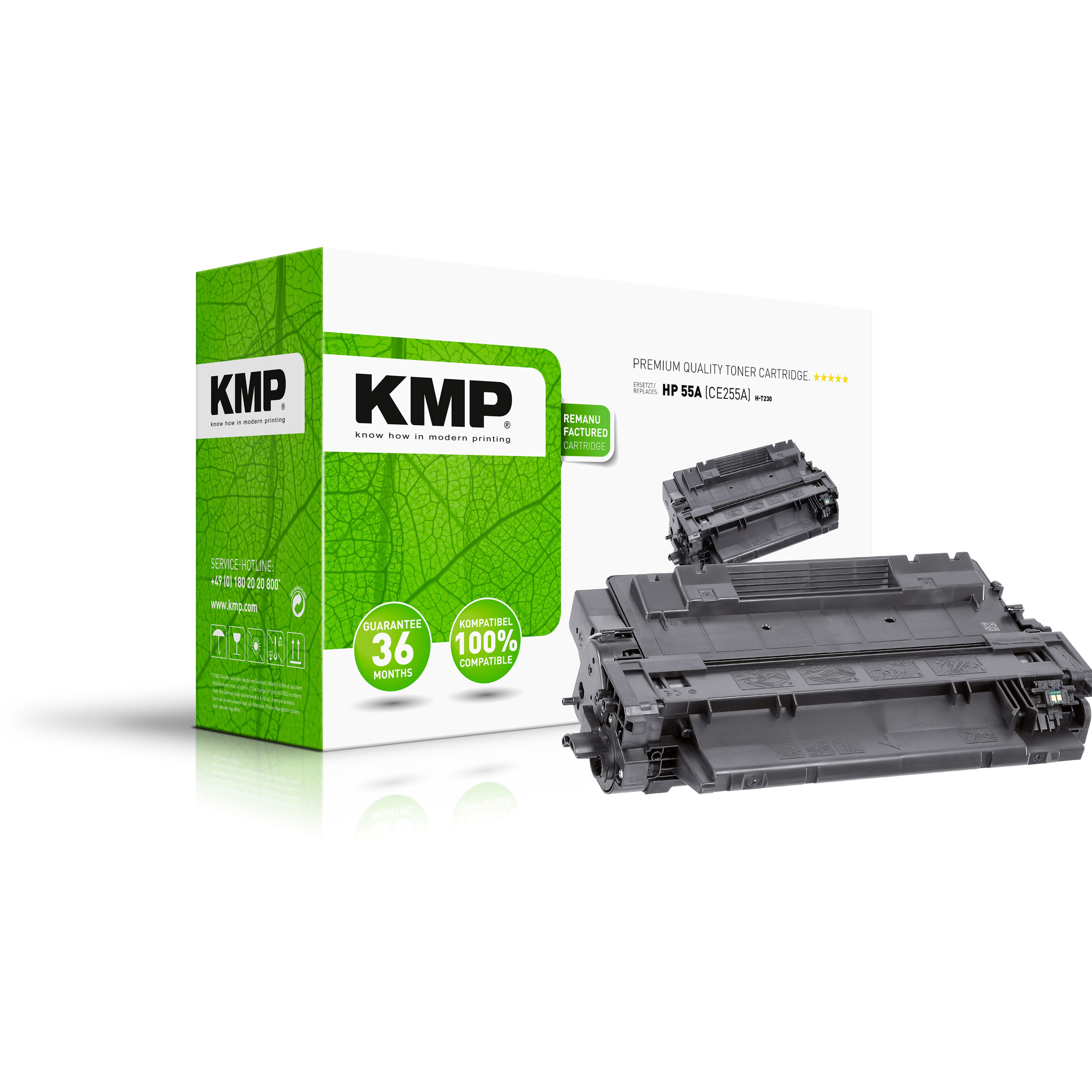 Una scatola di cartucce toner KMP e una cartuccia toner, con sfondo bianco. La scatola dice 'Qualità Premium'.