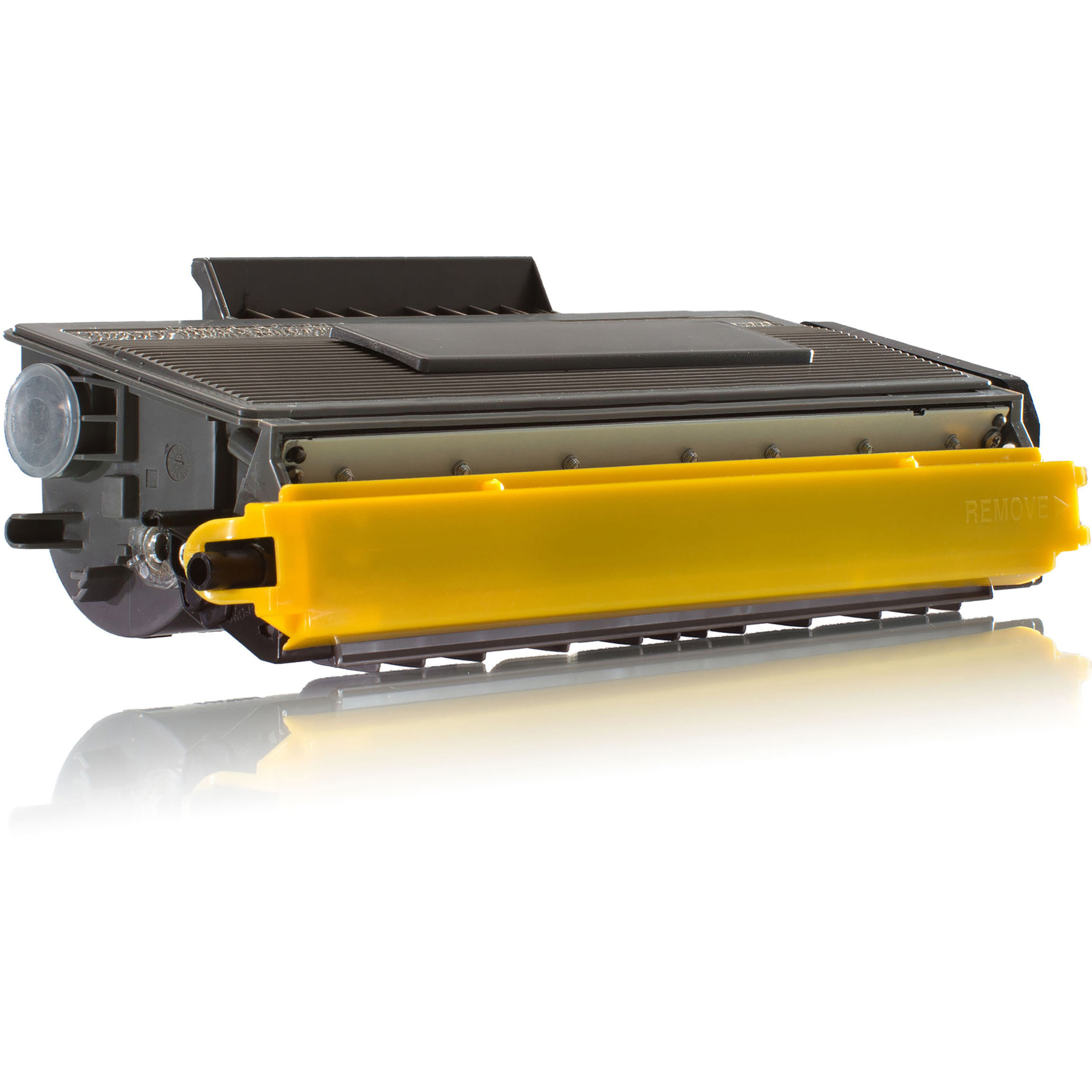 Una cartuccia toner per stampante gialla e nera con l'etichetta 'REMOVE'.