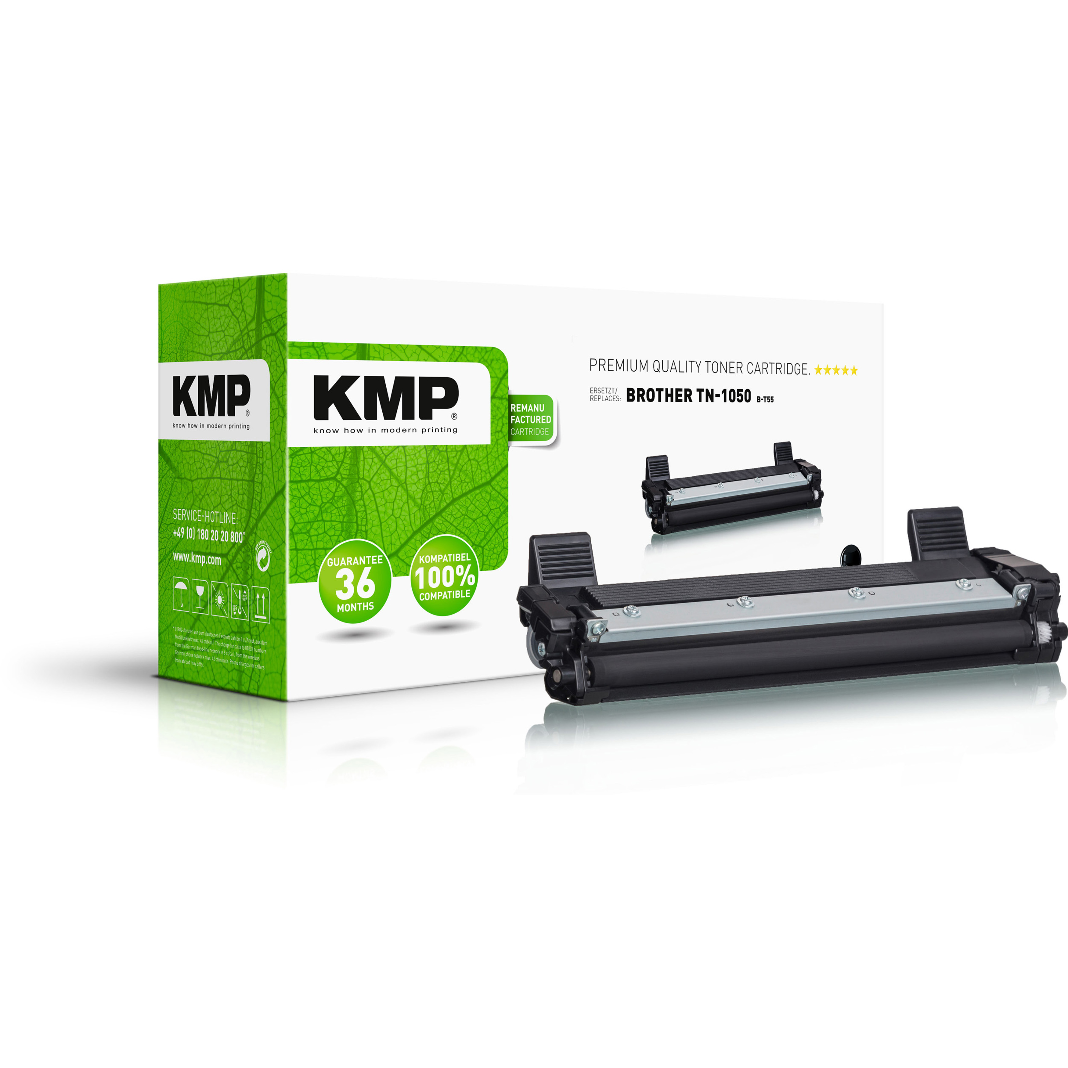 Cartuccia toner KMP e scatola. La scatola ha un sigillo di garanzia e una cartuccia toner.