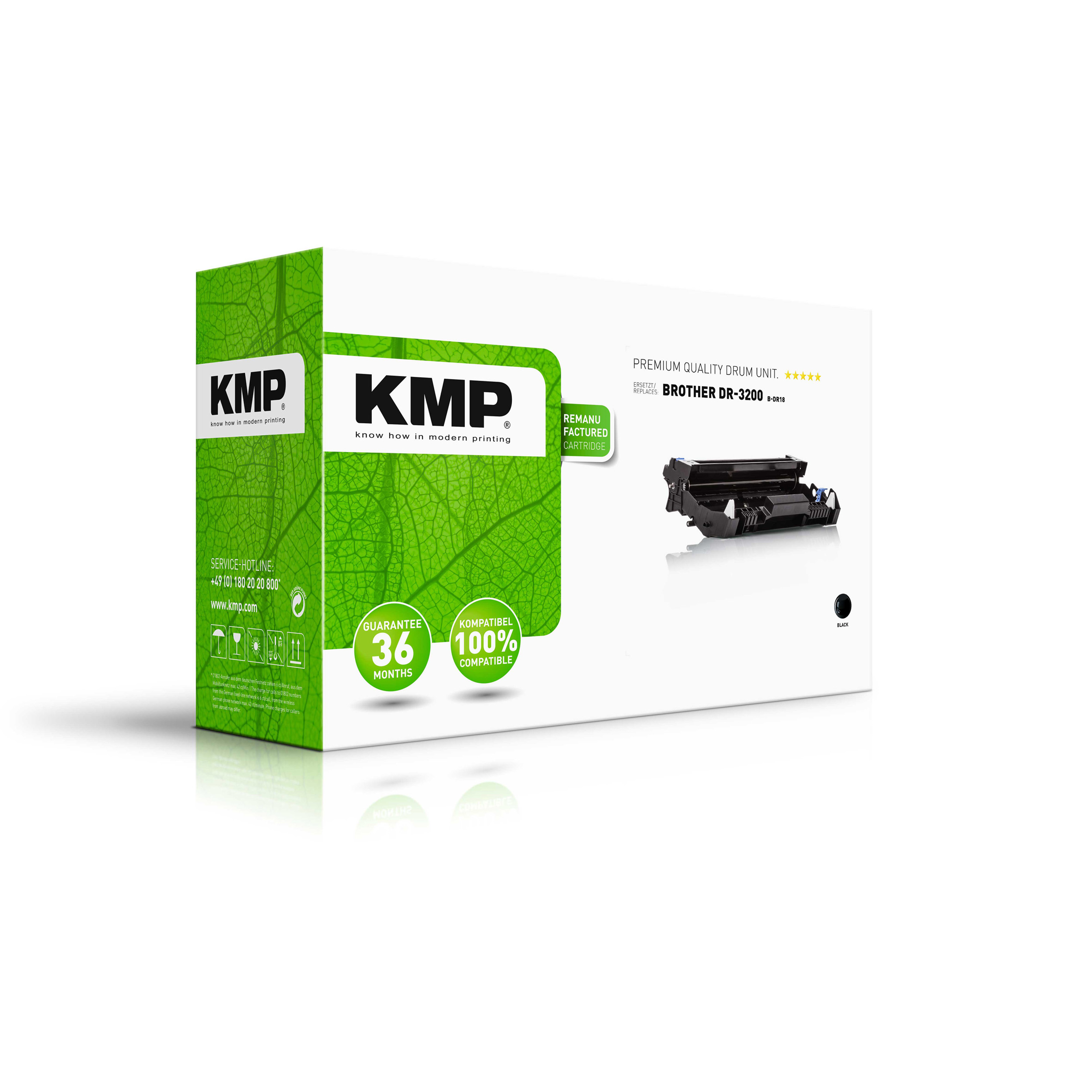 Scatola del tamburo della stampante KMP. Colori nero e verde. Logo KMP visibile. Contiene Brother DR-3200.