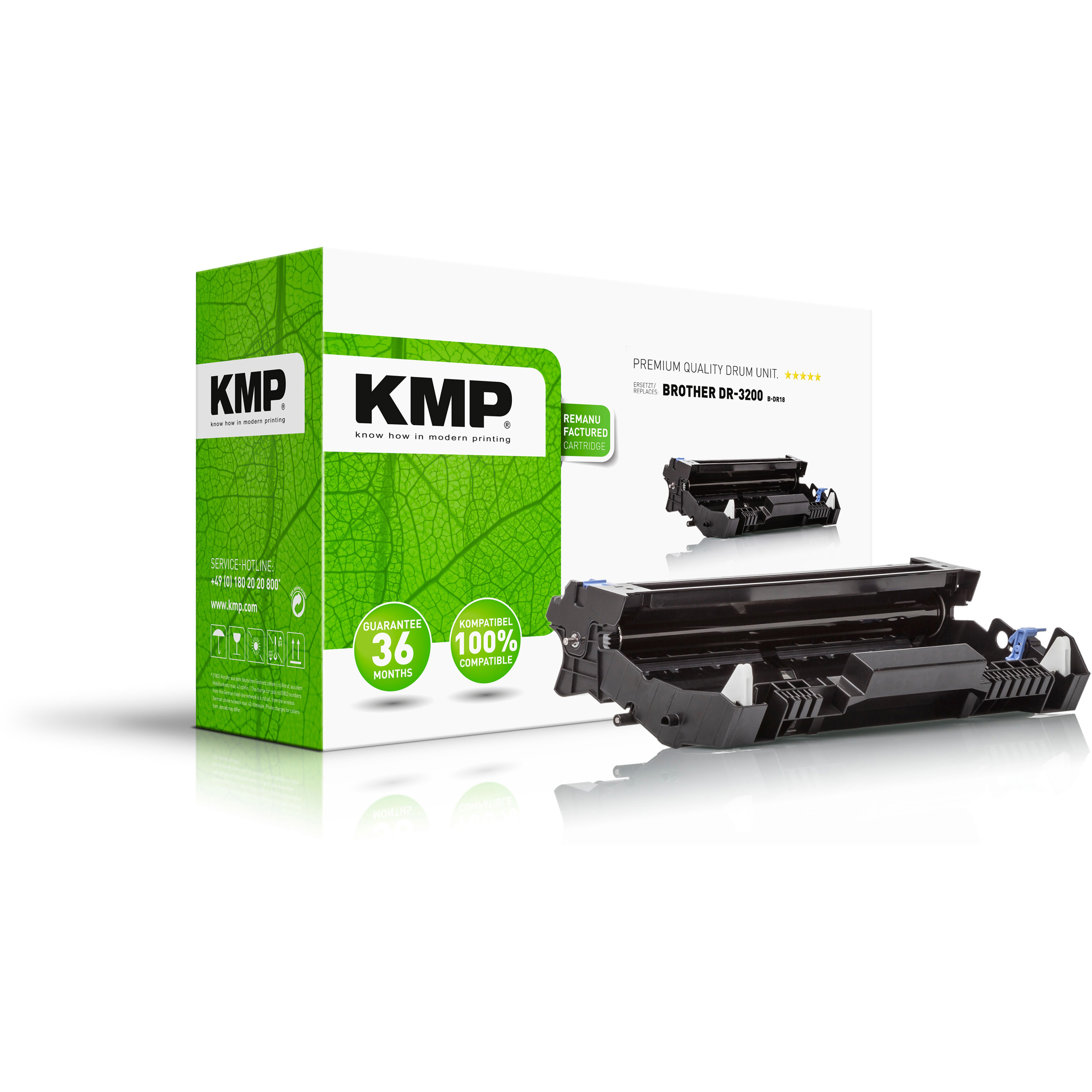 Scatola con logo KMP e unità tamburo. Mostra un'unità tamburo per stampante e la sua confezione.