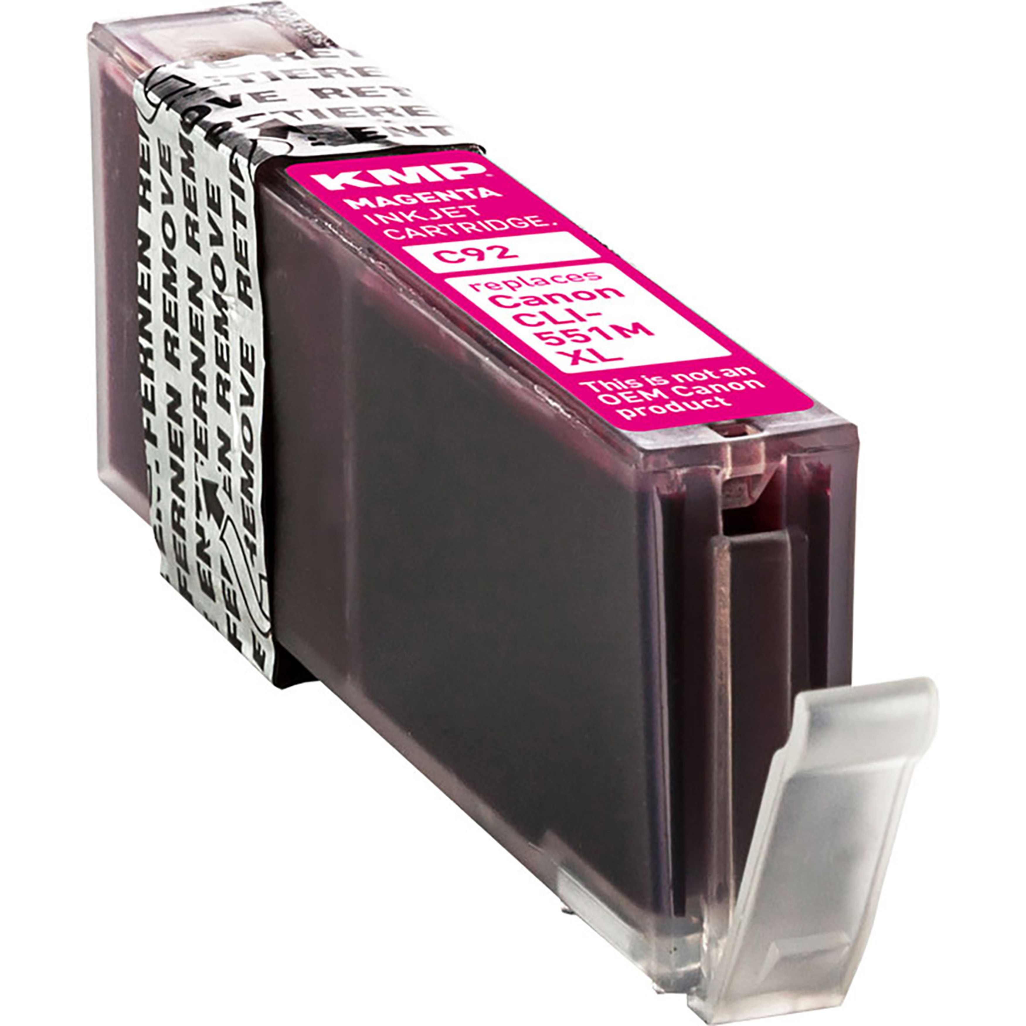 Magenta KMP Tintenstrahlpatrone, versiegelt. Weißer Aufkleber mit Text und transparentem Kunststoffgehäuse.
