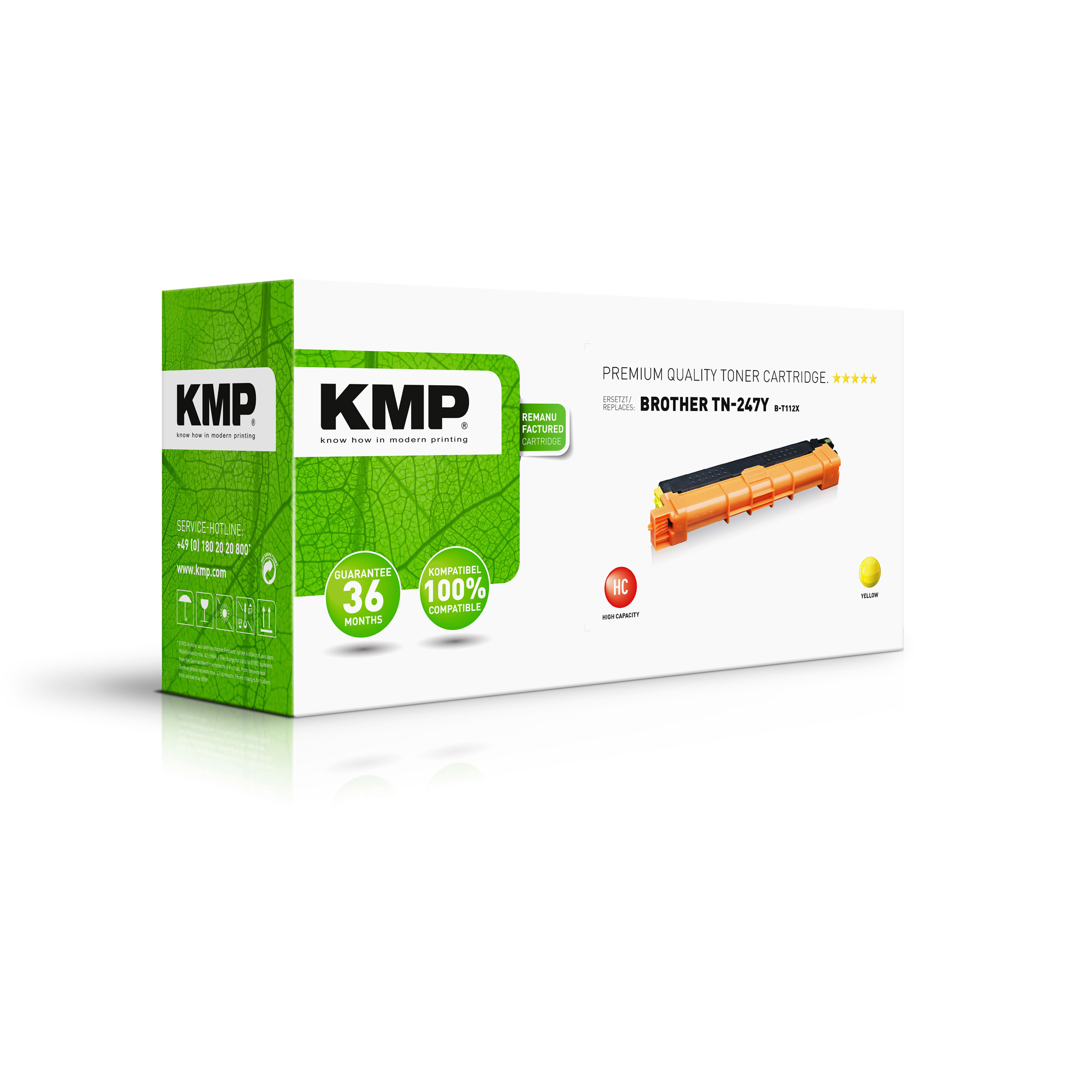 Scatola della cartuccia toner. Fronte verde con logo KMP. Cartuccia gialla e arancione a destra.