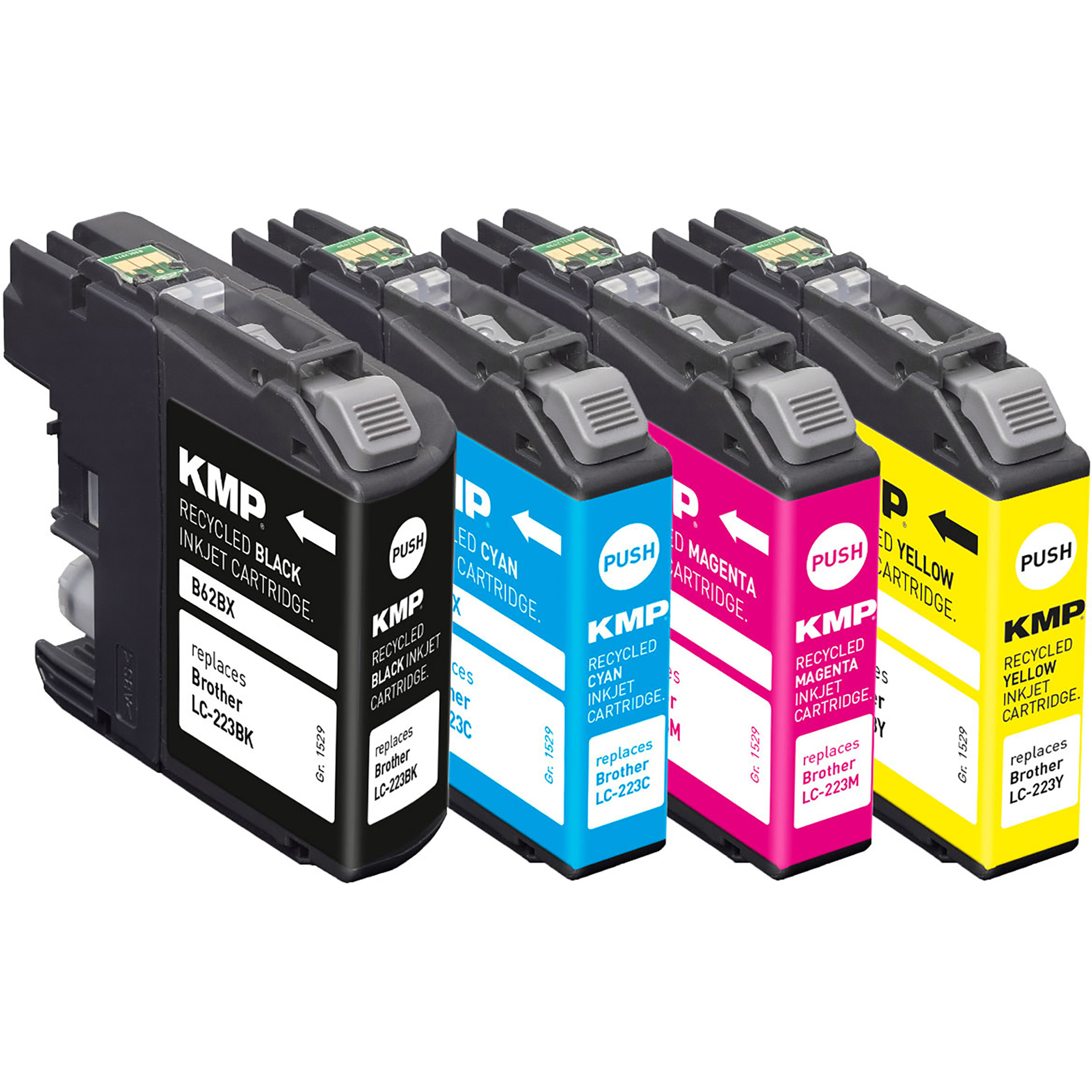 Sei cartucce a getto d'inchiostro riciclate KMP nei colori nero, ciano, magenta e giallo.