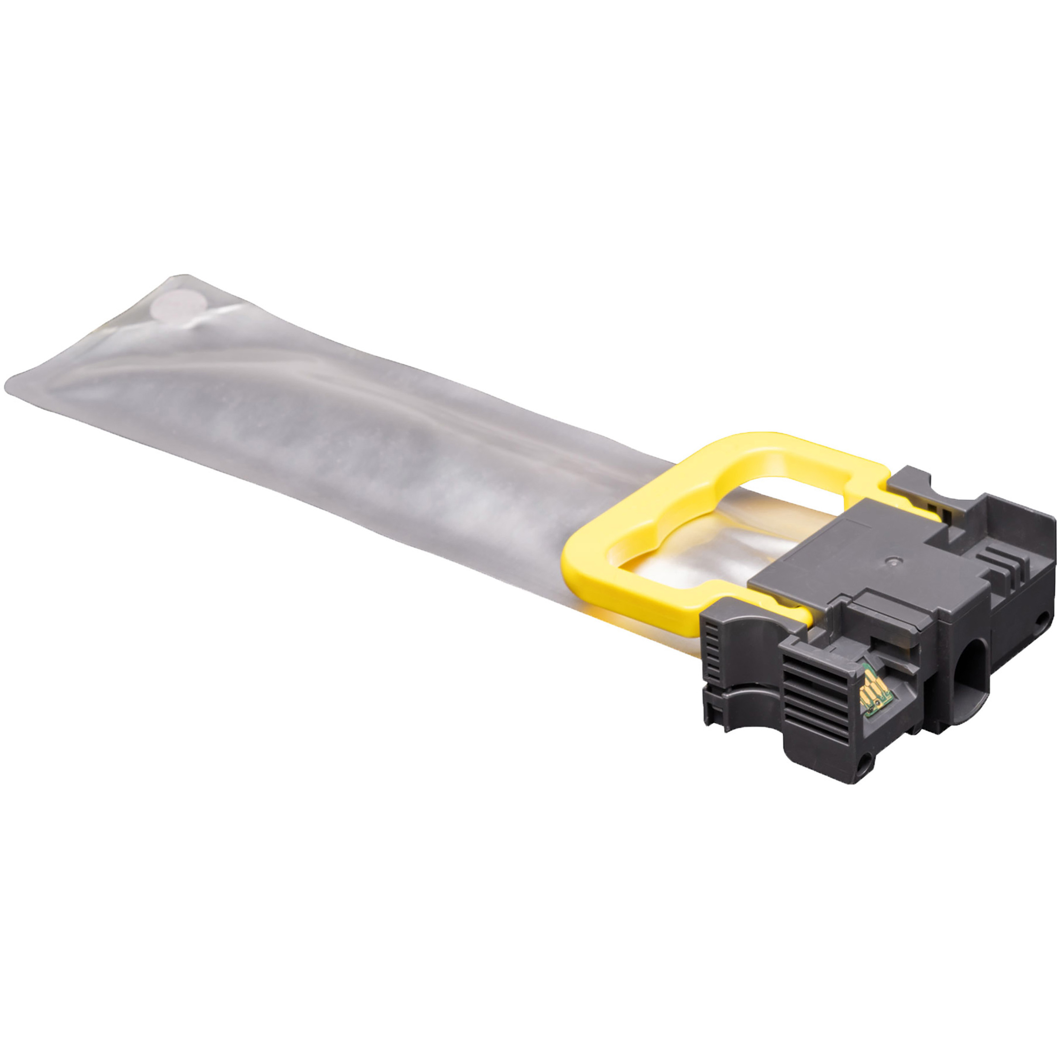 Articolo in plastica grigio e giallo per aspirapolvere.  Su sfondo bianco.