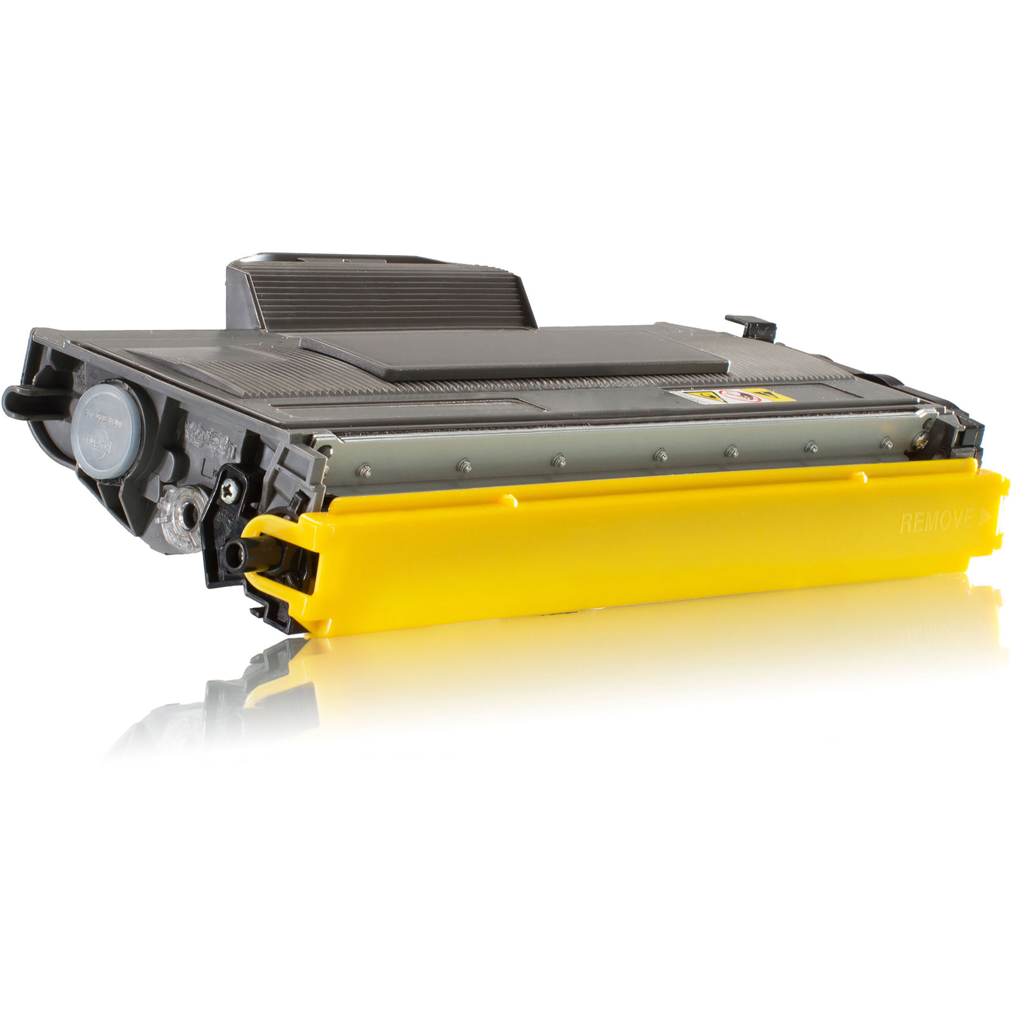 Cartuccia toner gialla su sfondo bianco con riflesso.