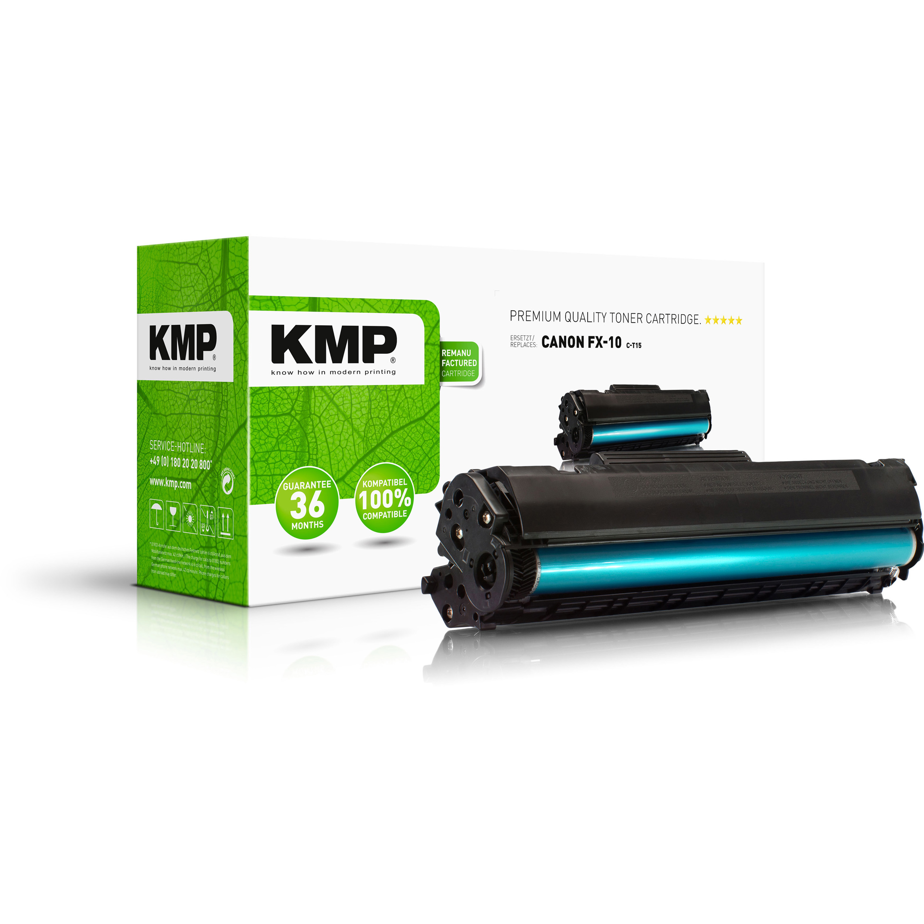 Una cartuccia toner per stampanti in una scatola. La scatola è verde e bianca. Il toner è nero e blu.