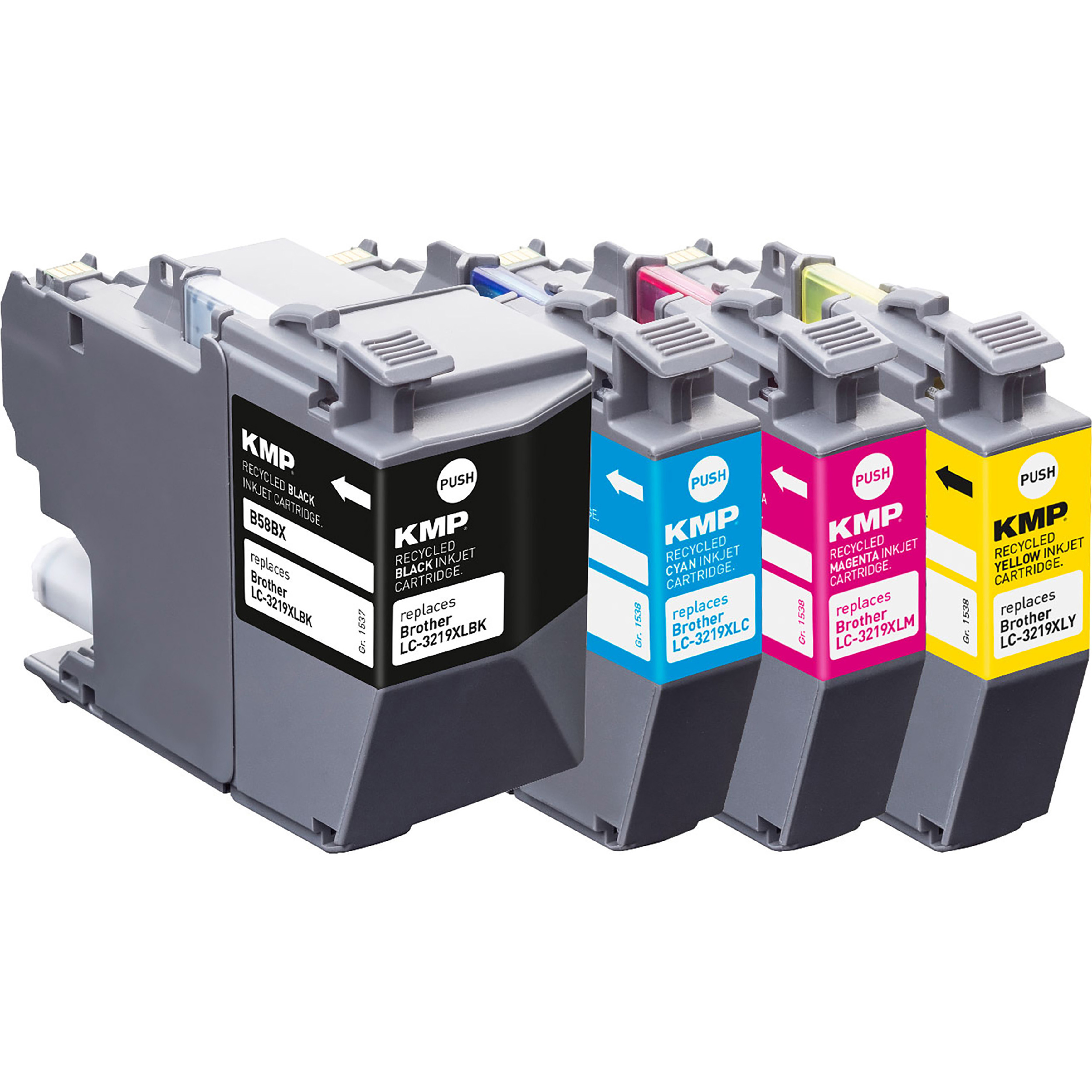 Tintenpatronen in verschiedenen Farben. Text darauf: Recycelte Schwarz/Cyan/Magenta/Gelb Tintenpatrone.
