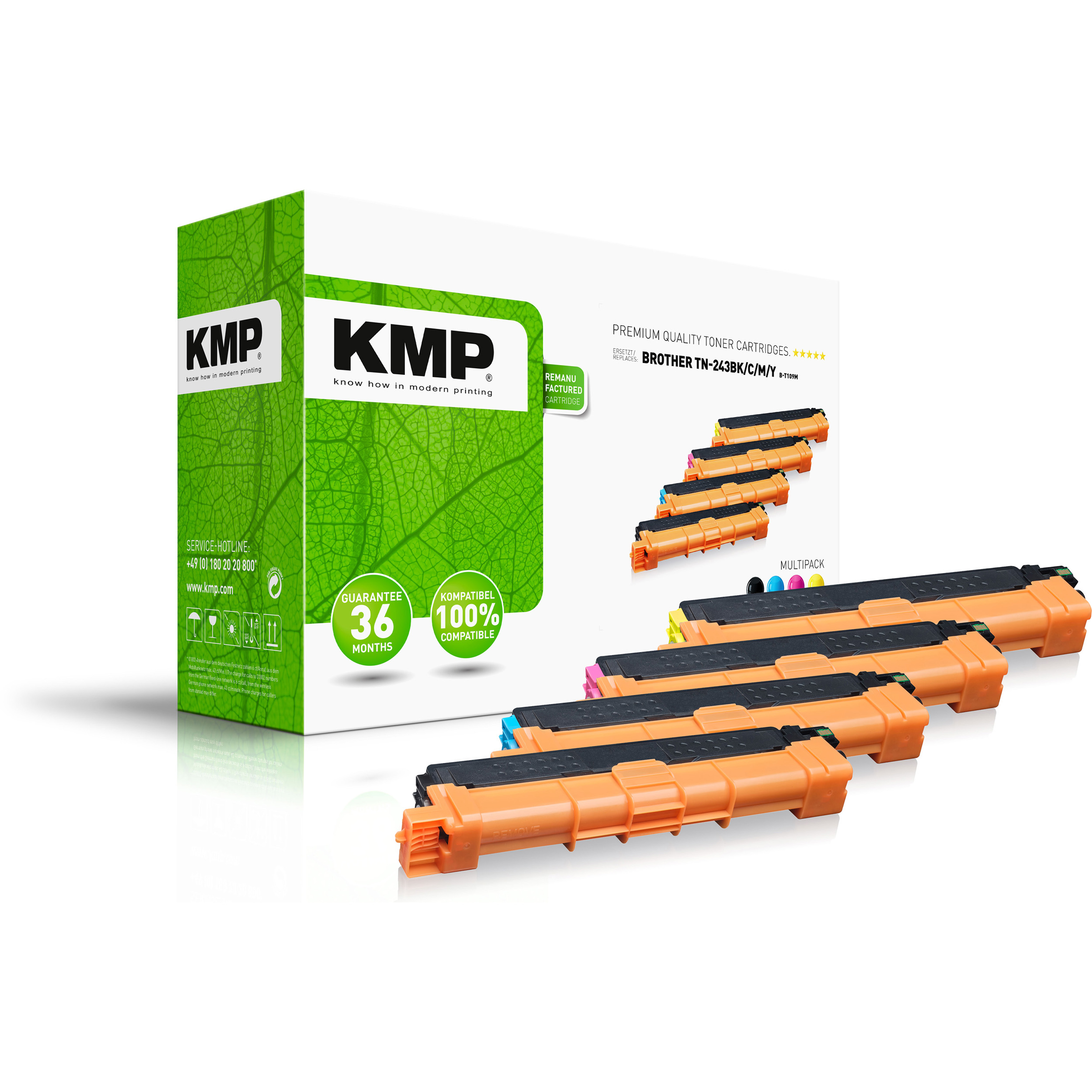 KMP Tonerkartuschenbox und -kartuschen. Weiße Box, grüne Blätter, mit mehreren orangefarbenen Kartuschen. Weißer Hintergrund.