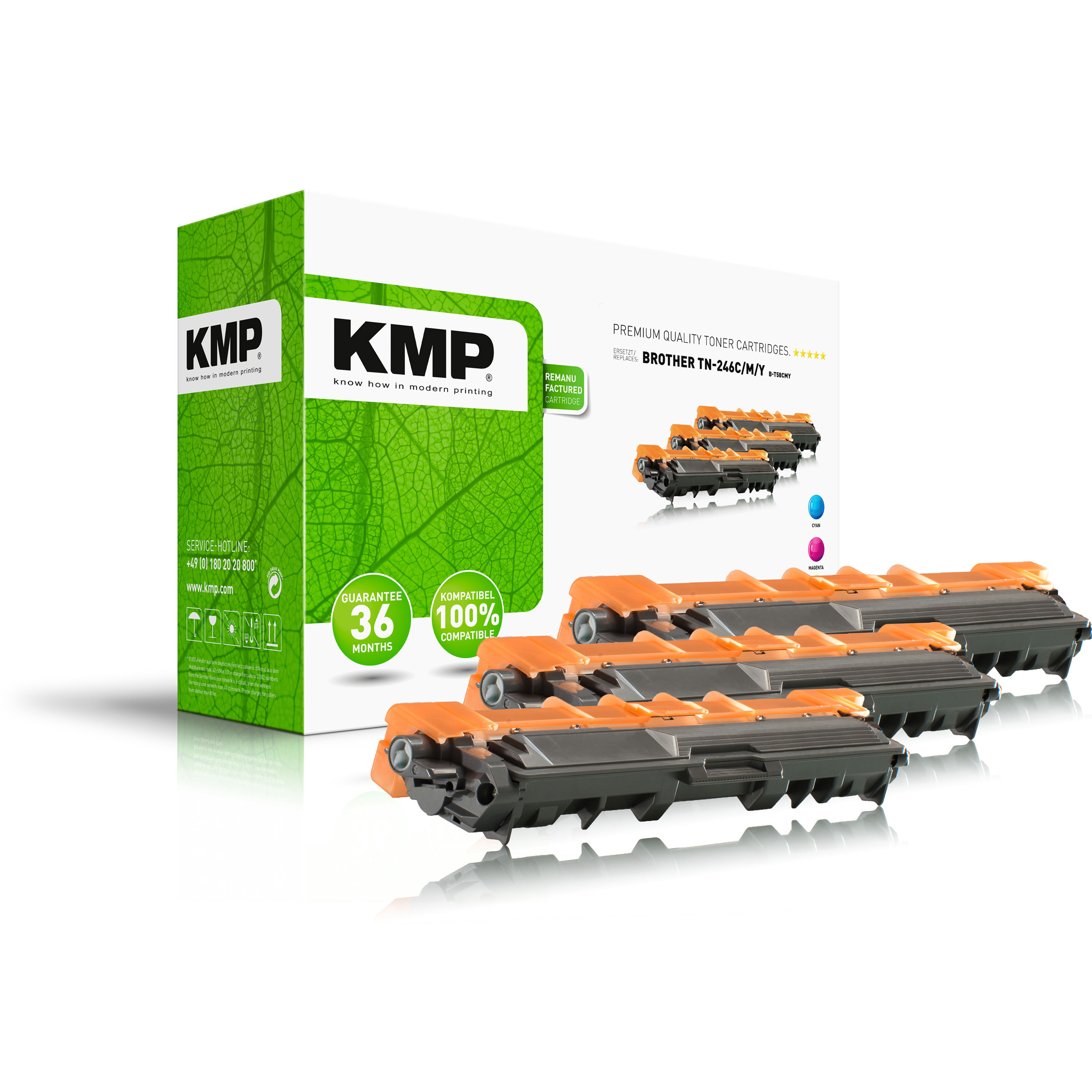 Cartucce toner arancioni e nere, con una scatola verde. Testo sulla scatola: KMP.