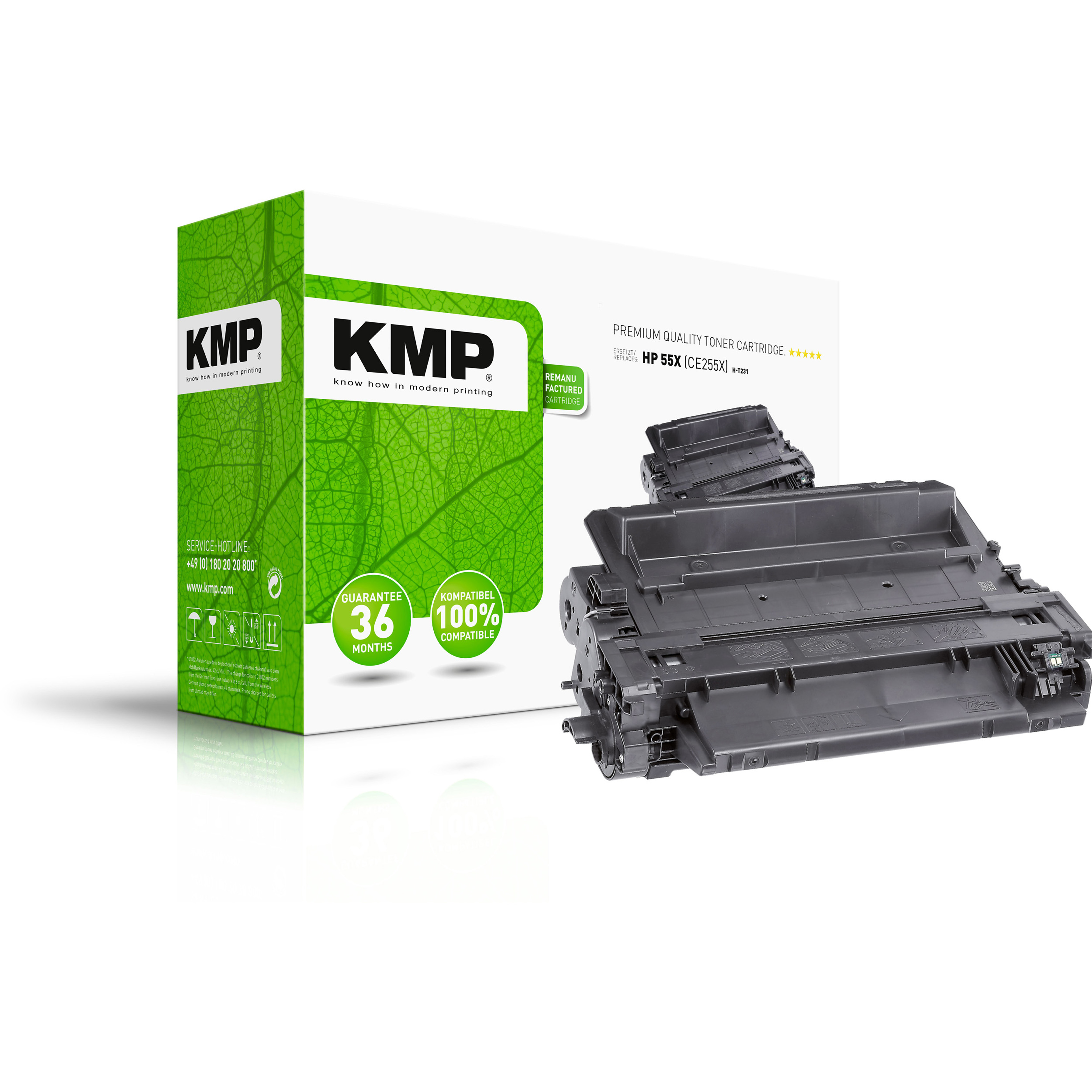Scatola di cartuccia toner KMP. La cartuccia è nera. La scatola è verde e bianca.