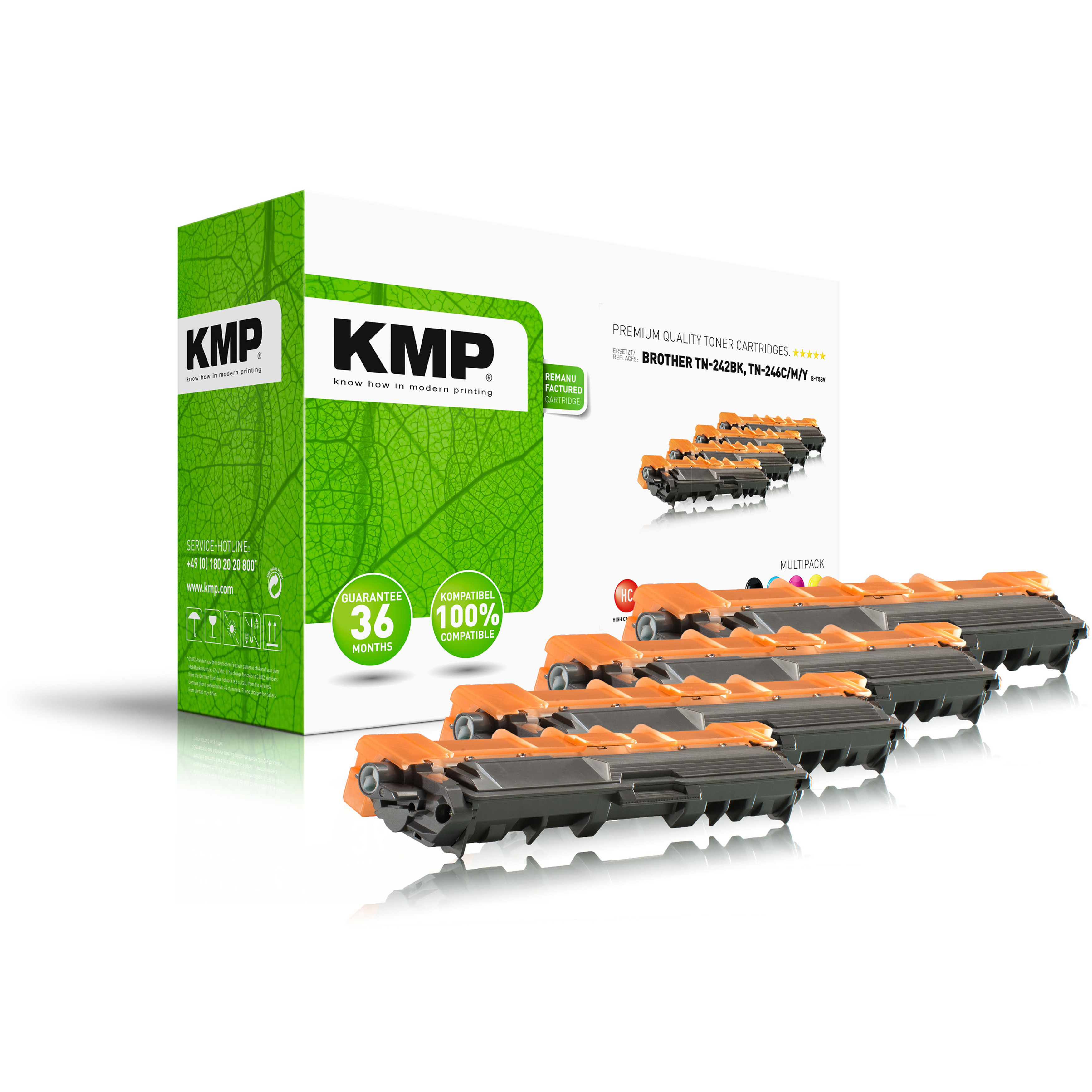 Eine KMP-Box und Patronen. Box ist grün mit Blättern. Patronen sind schwarz und orange.