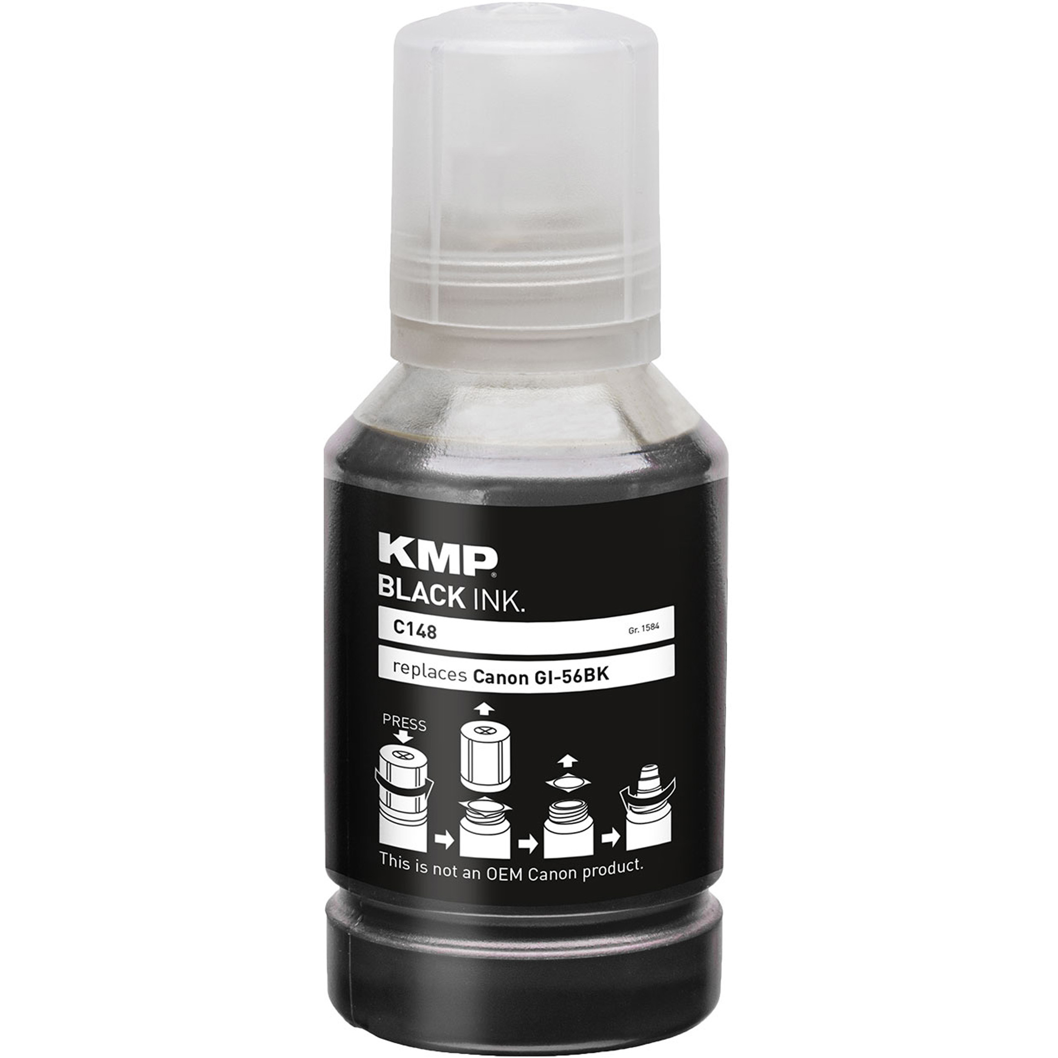 Schwarze Tintenflasche mit weißem Etikett. Text: KMP Black Ink. Ersetzt Canon GI-56BK.