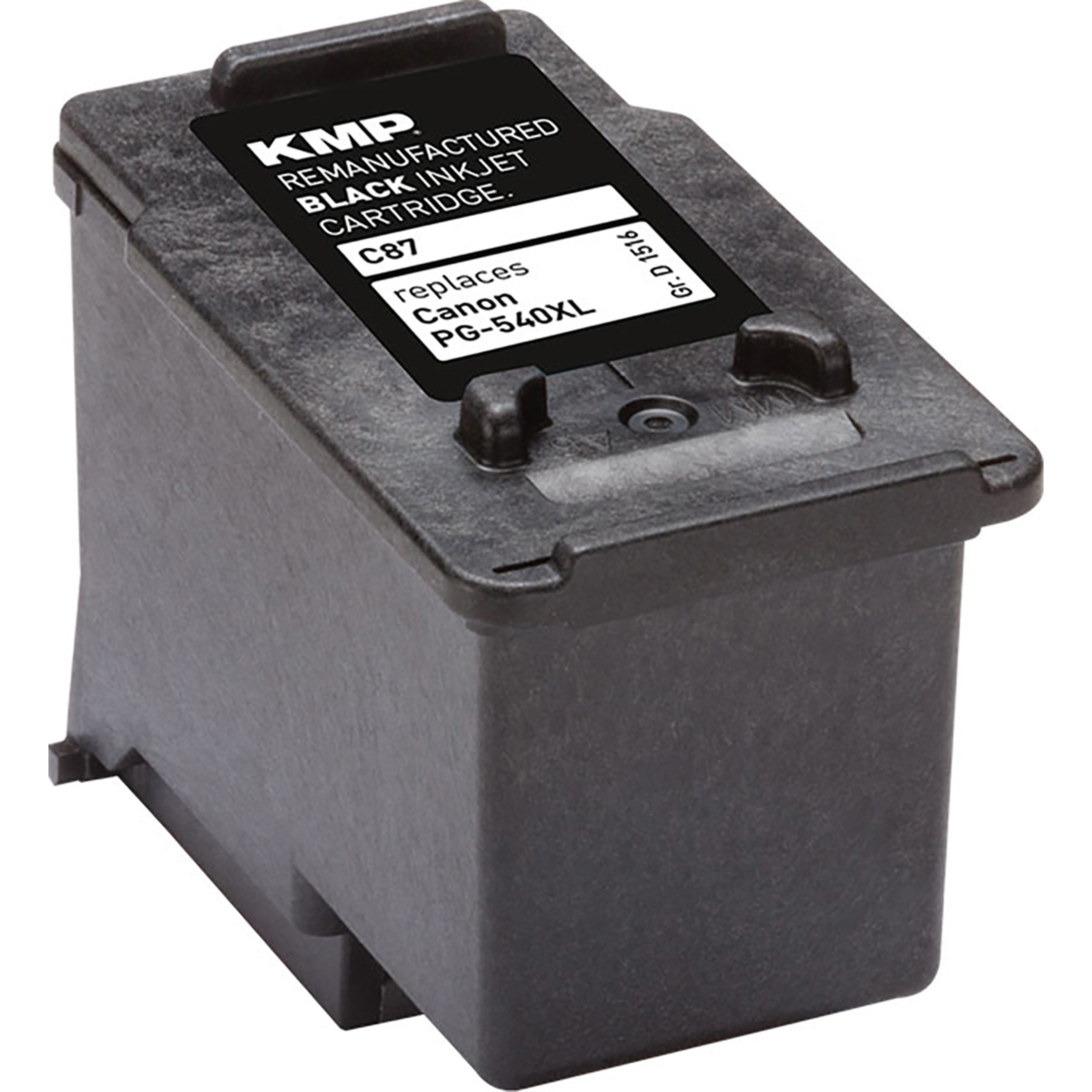 Una cartuccia di inchiostro nero rigenerata KMP per Canon PG-540XL, in una scatola.