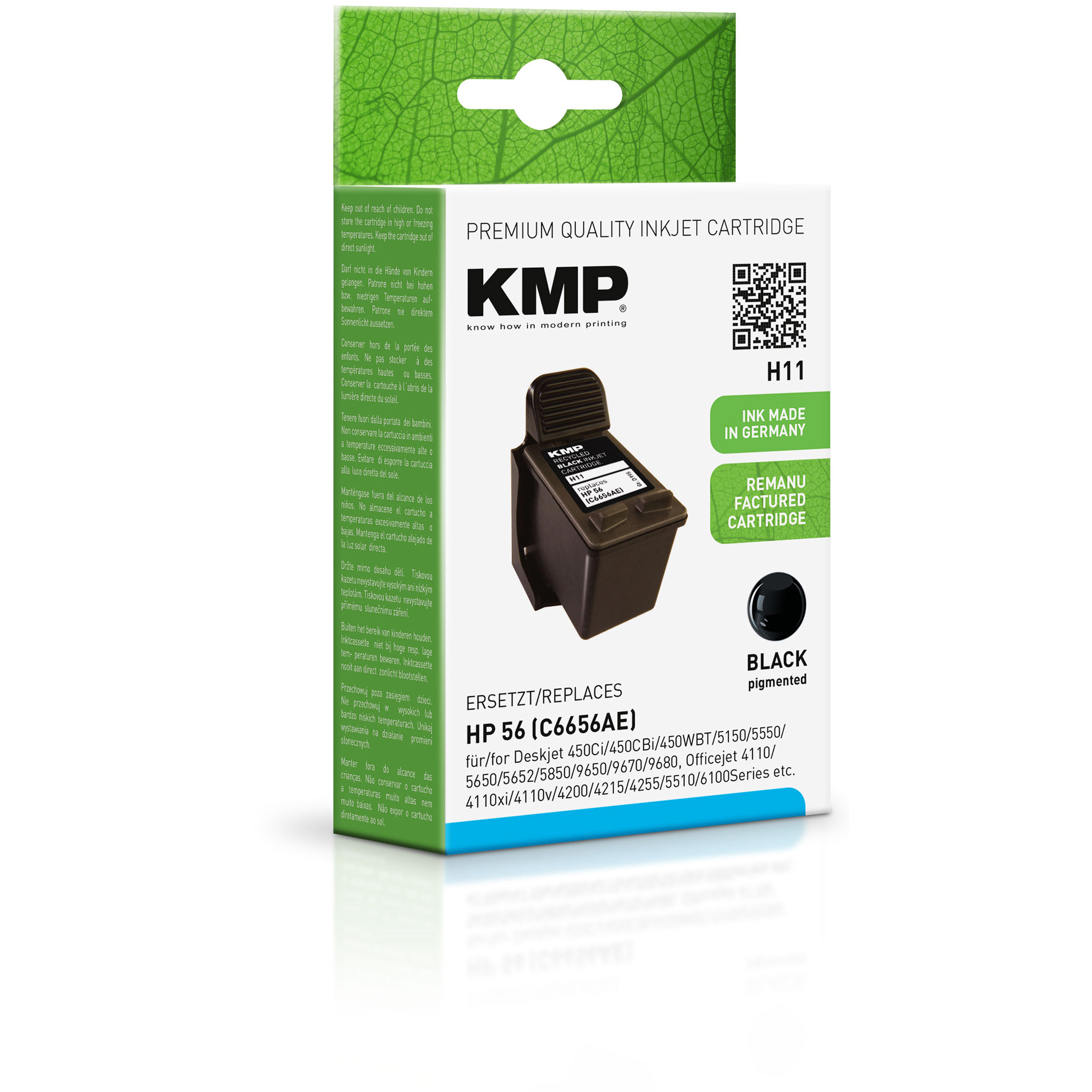 Eine Schachtel mit KMP-Tintenpatrone, schwarze Tinte, mit einer offenen Tintenpatrone.