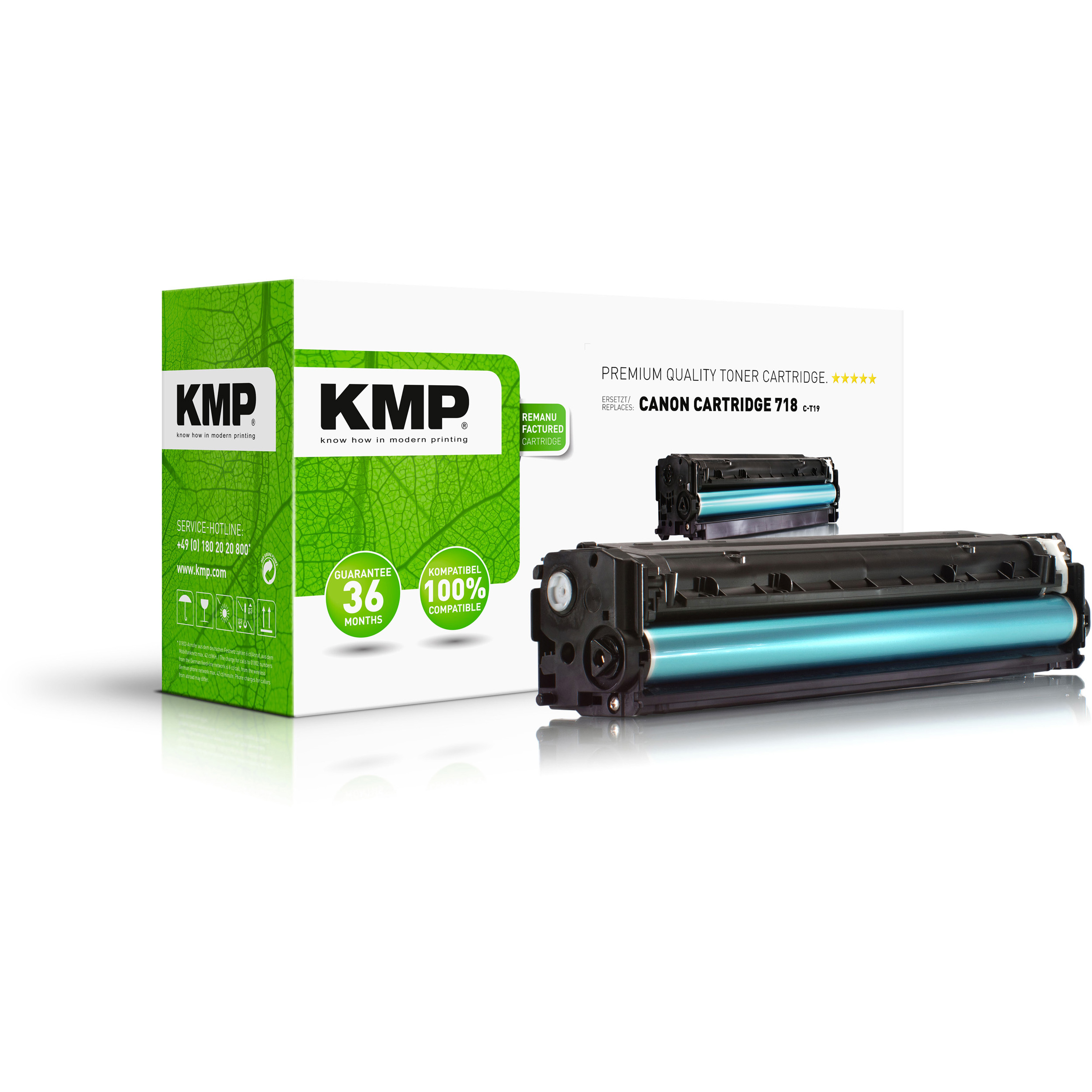 Caja de cartucho KMP Canon y cartucho de tóner. Caja verde y blanca. Tóner azul.