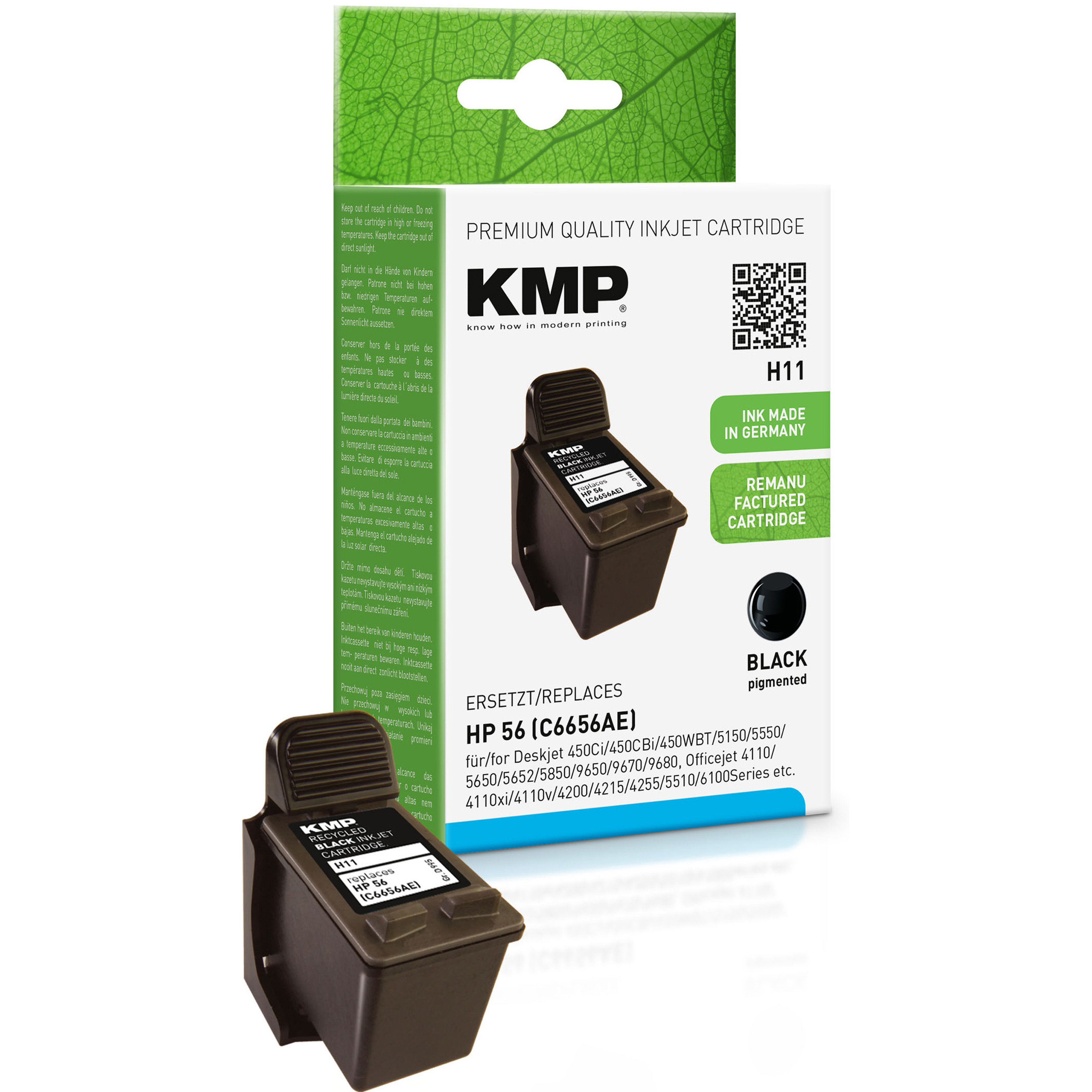 Tintenpatronenbox mit schwarzer Patrone und Details. Text: Premium Quality Inkjet Cartridge, HP 56.
