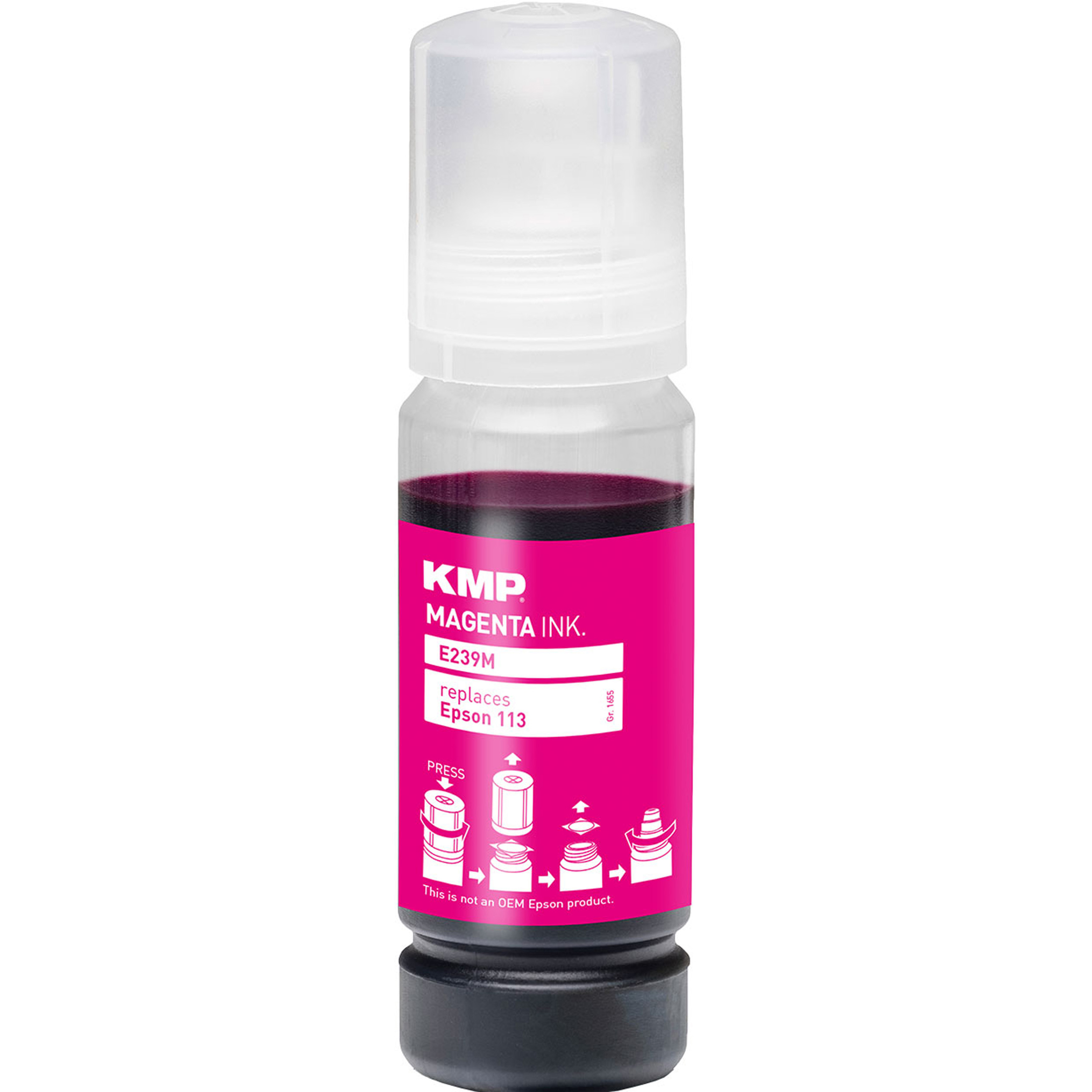 Bottiglia di inchiostro magenta con tappo bianco. L'etichetta include istruzioni e il marchio.