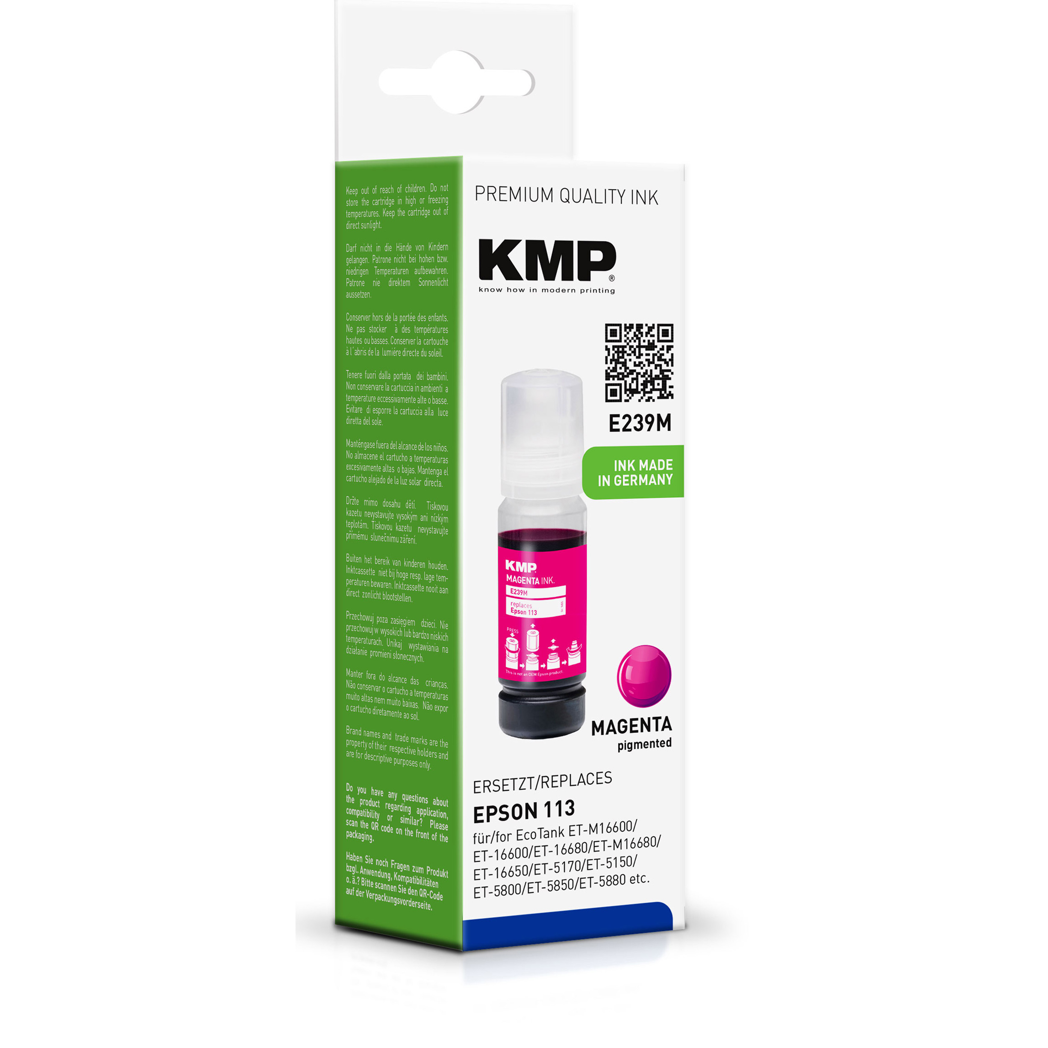 Flacone di inchiostro magenta KMP con etichetta e dettagli della confezione. Prodotto in Germania.