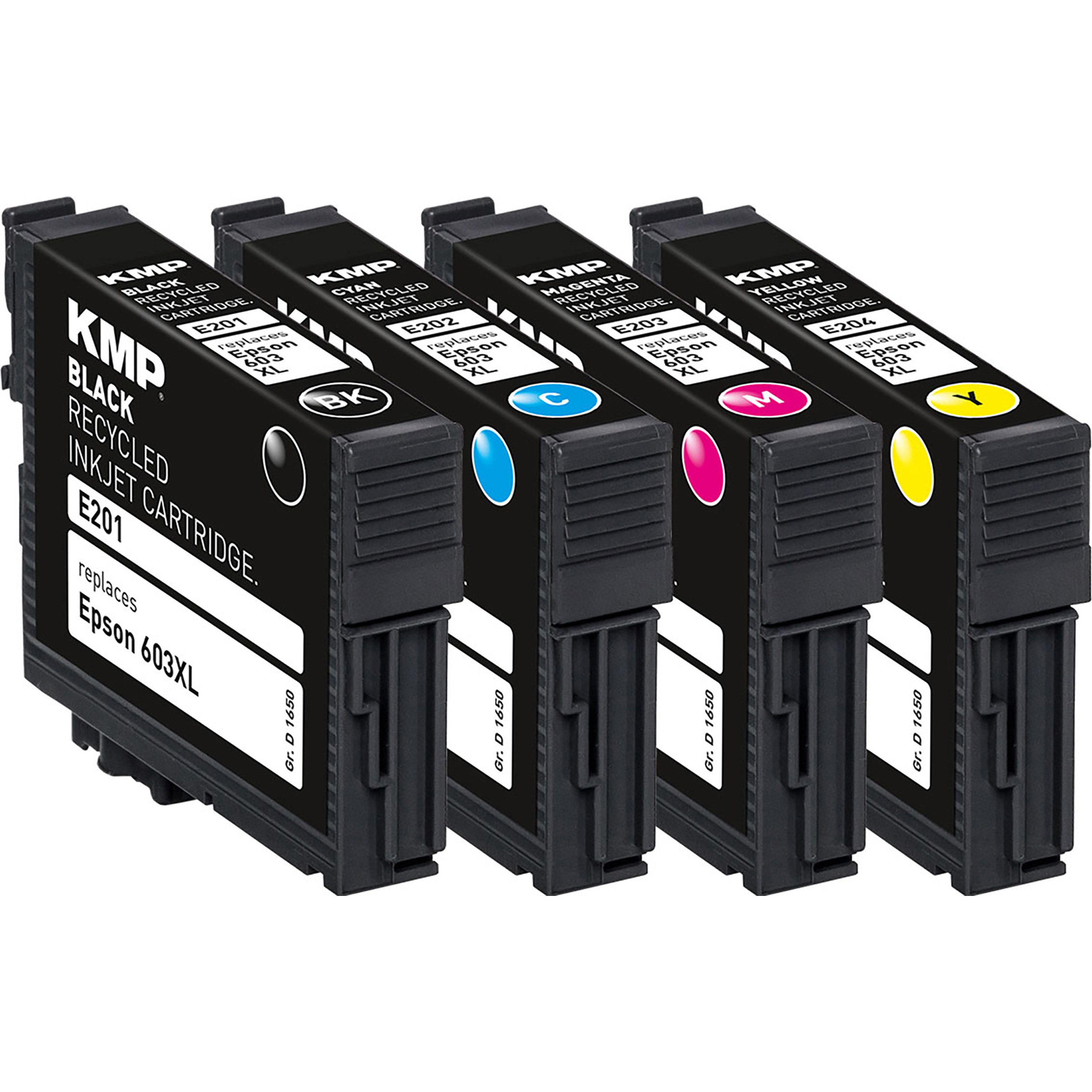 Vier KMP Tintenpatronen in Schwarz, Cyan, Magenta und Gelb.