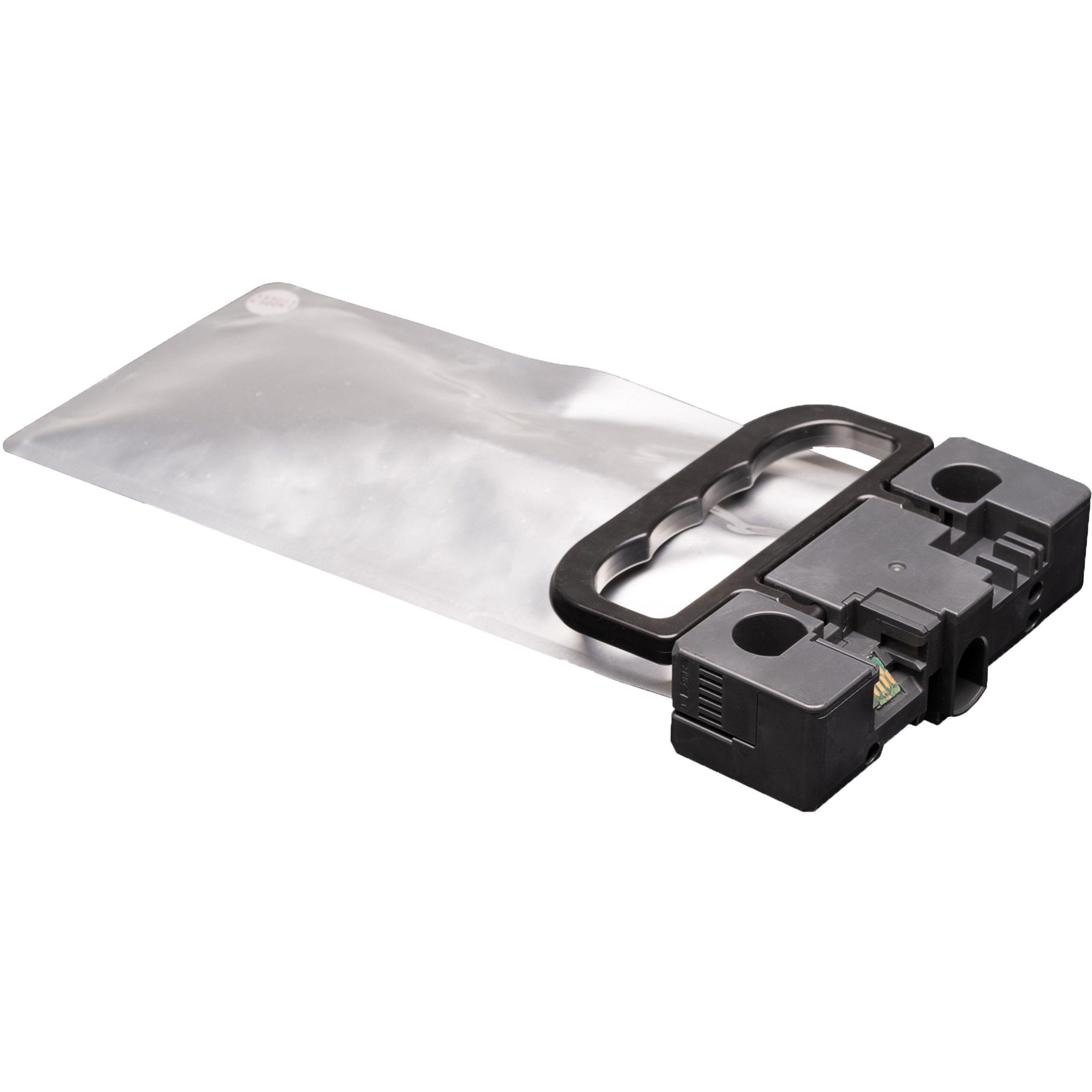 Czarny element drukarki wewnątrz przezroczystej plastikowej torby z czarnym uchwytem, na białym tle.