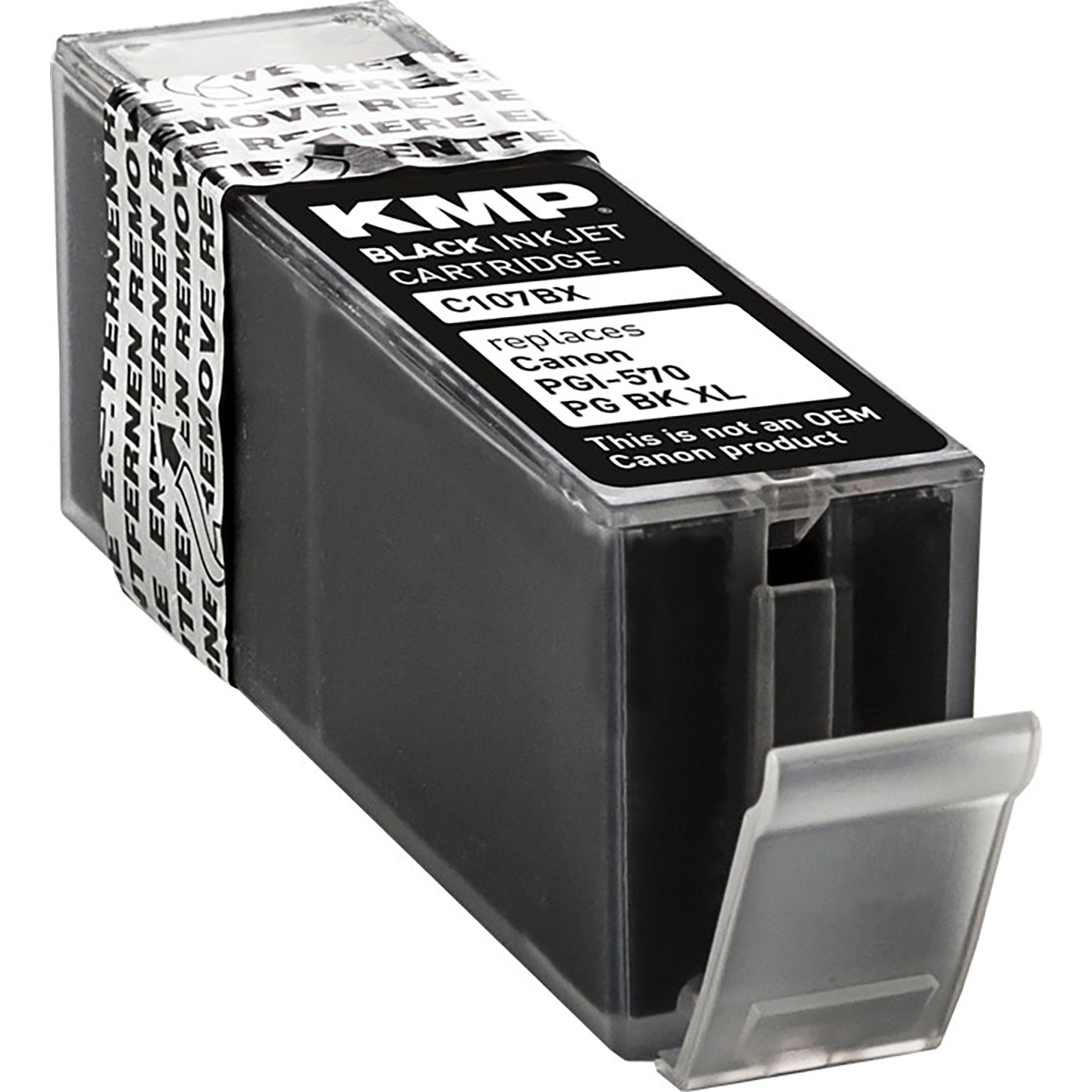 Eine schwarze KMP Black Ink Cartridge Box, offen. Sie ersetzt Canon PGI-570 und PG BK XL Patronen.