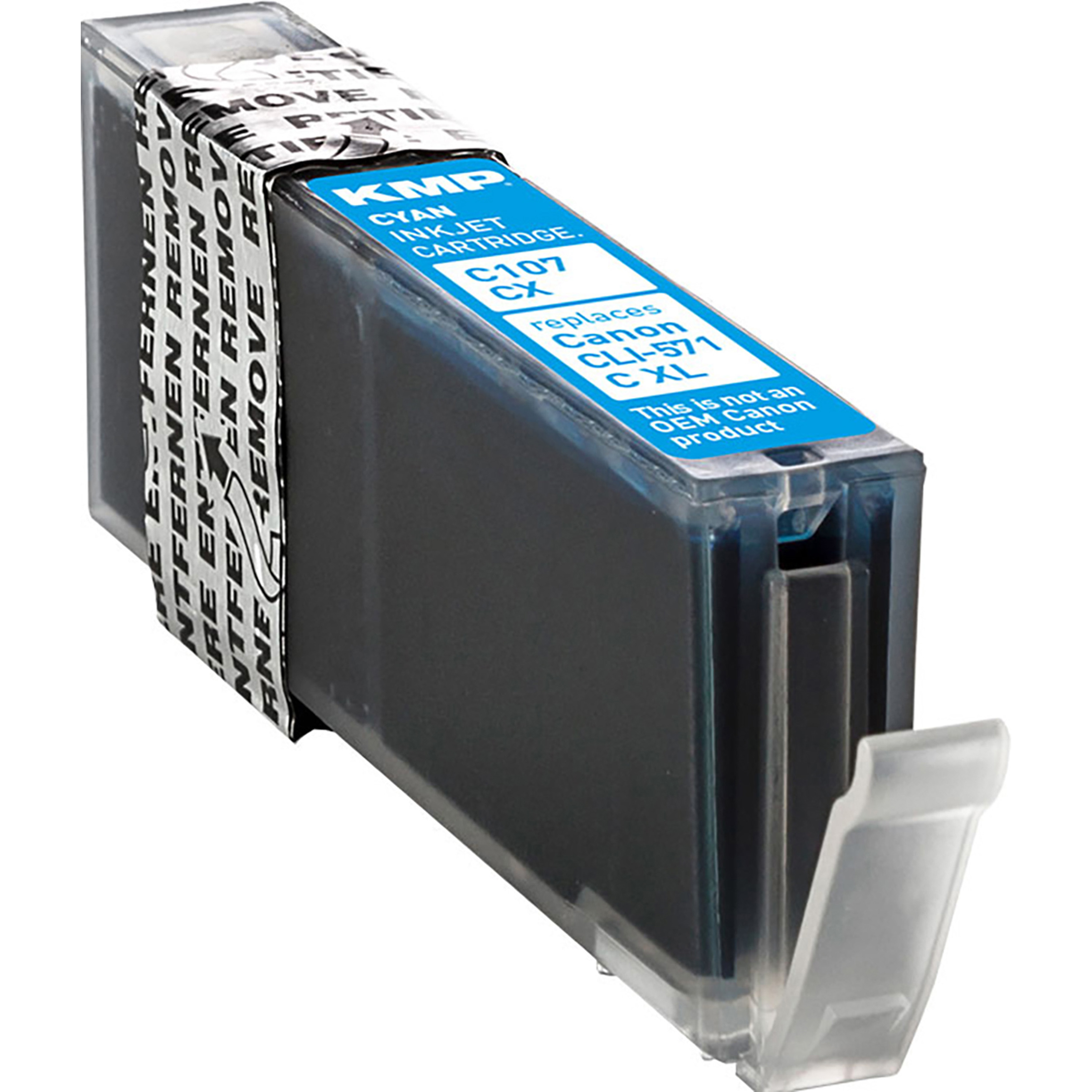 Schwarze KMP-Tintenpatrone mit blauem Etikett und abgezogenem Sicherheitssiegel. Die Patrone befindet sich auf weißem Hintergrund.