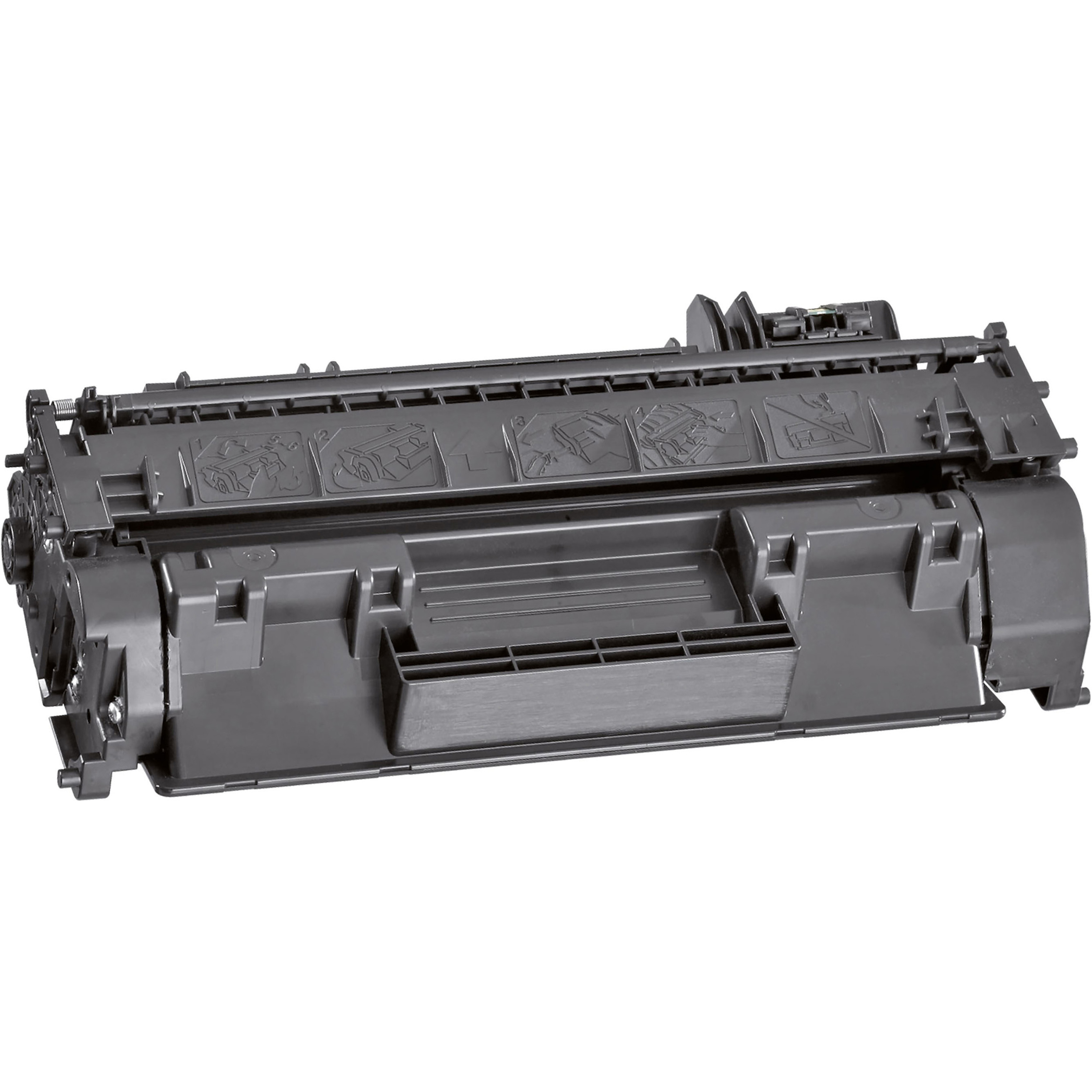 Una cartuccia toner per stampante, nera, vista angolata, sfondo bianco.