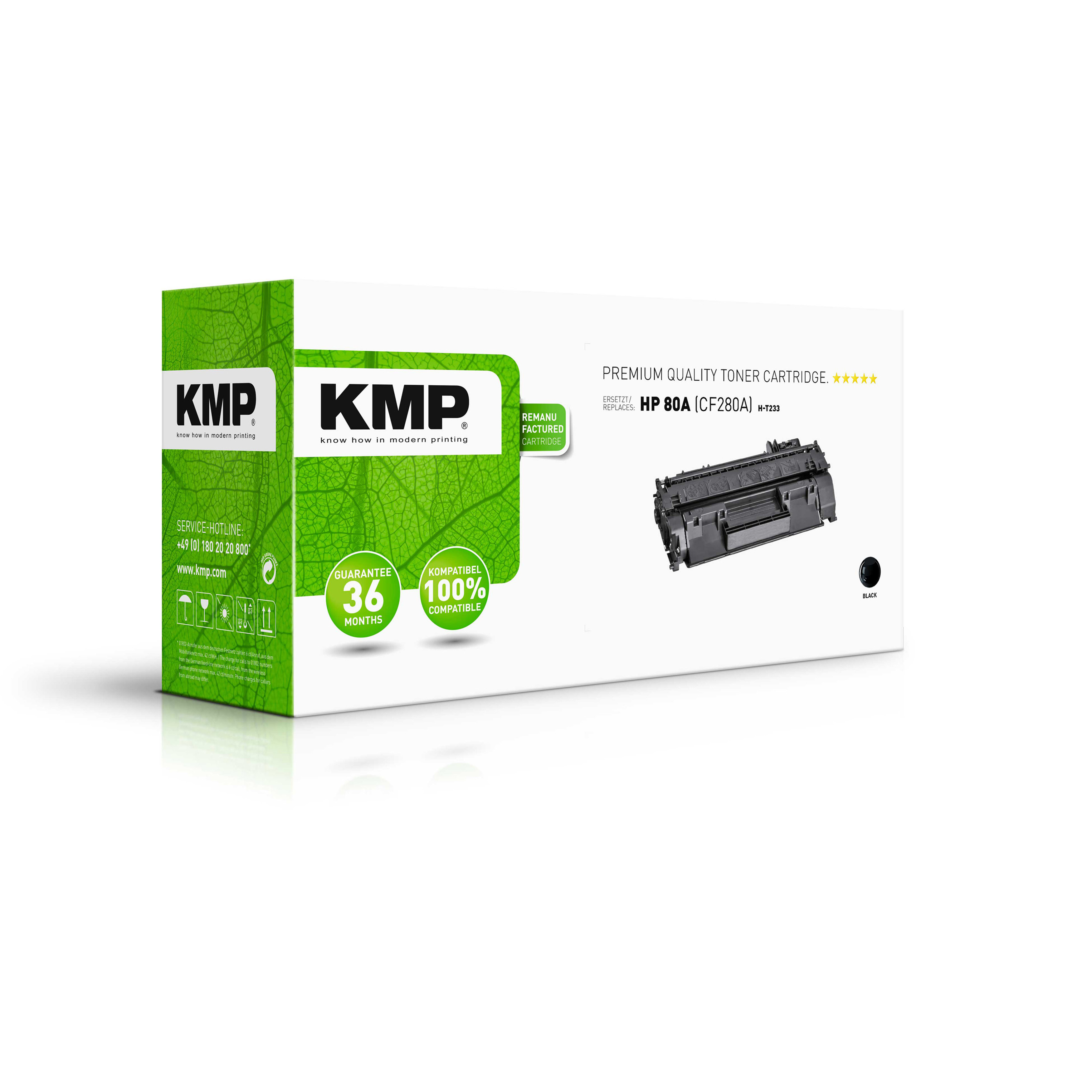 Una scatola di cartucce toner KMP con una cartuccia toner all'interno, su sfondo bianco.