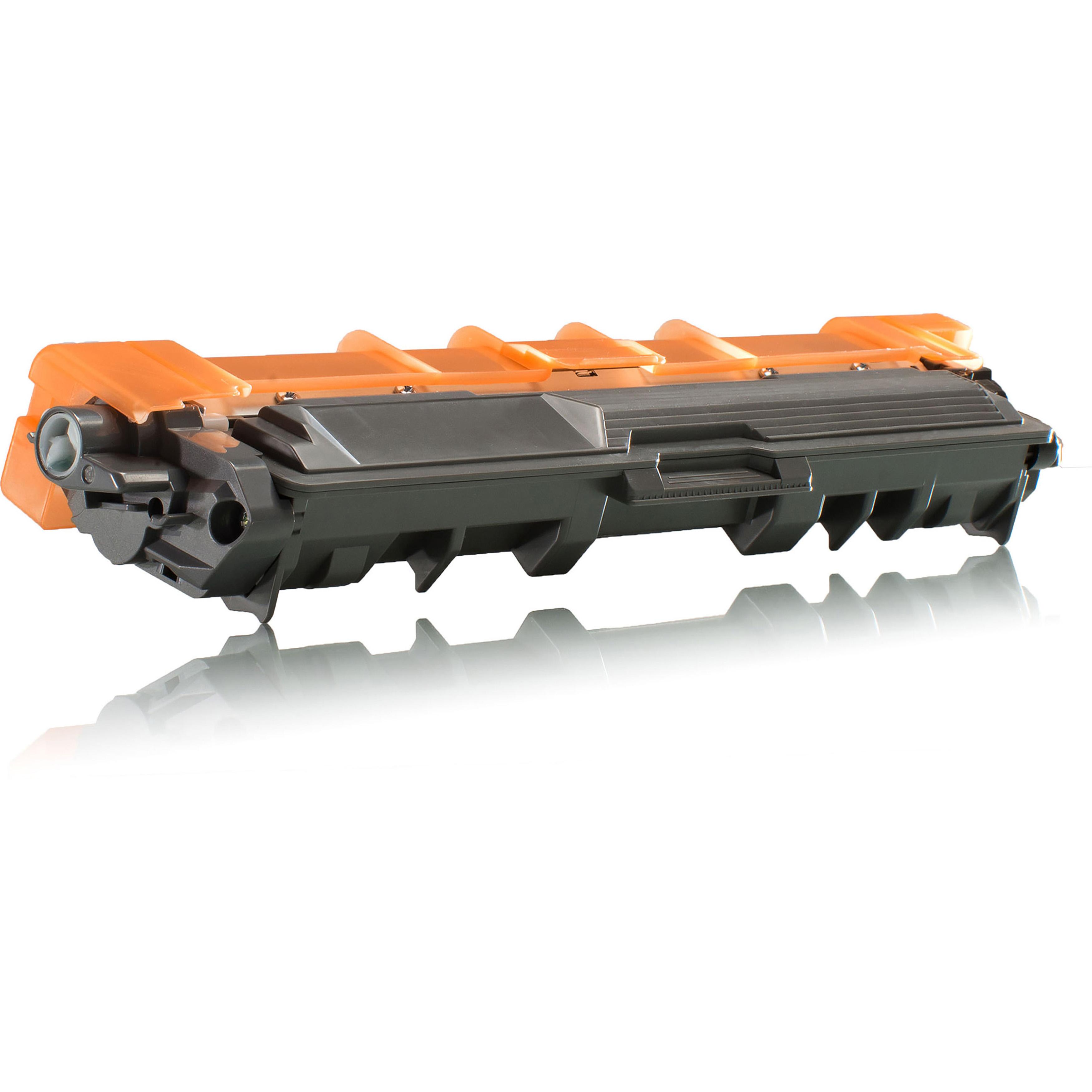 Schwarze und orangefarbene Tonerkartusche. Der obere Teil ist orange, der Rest dunkelgrau.