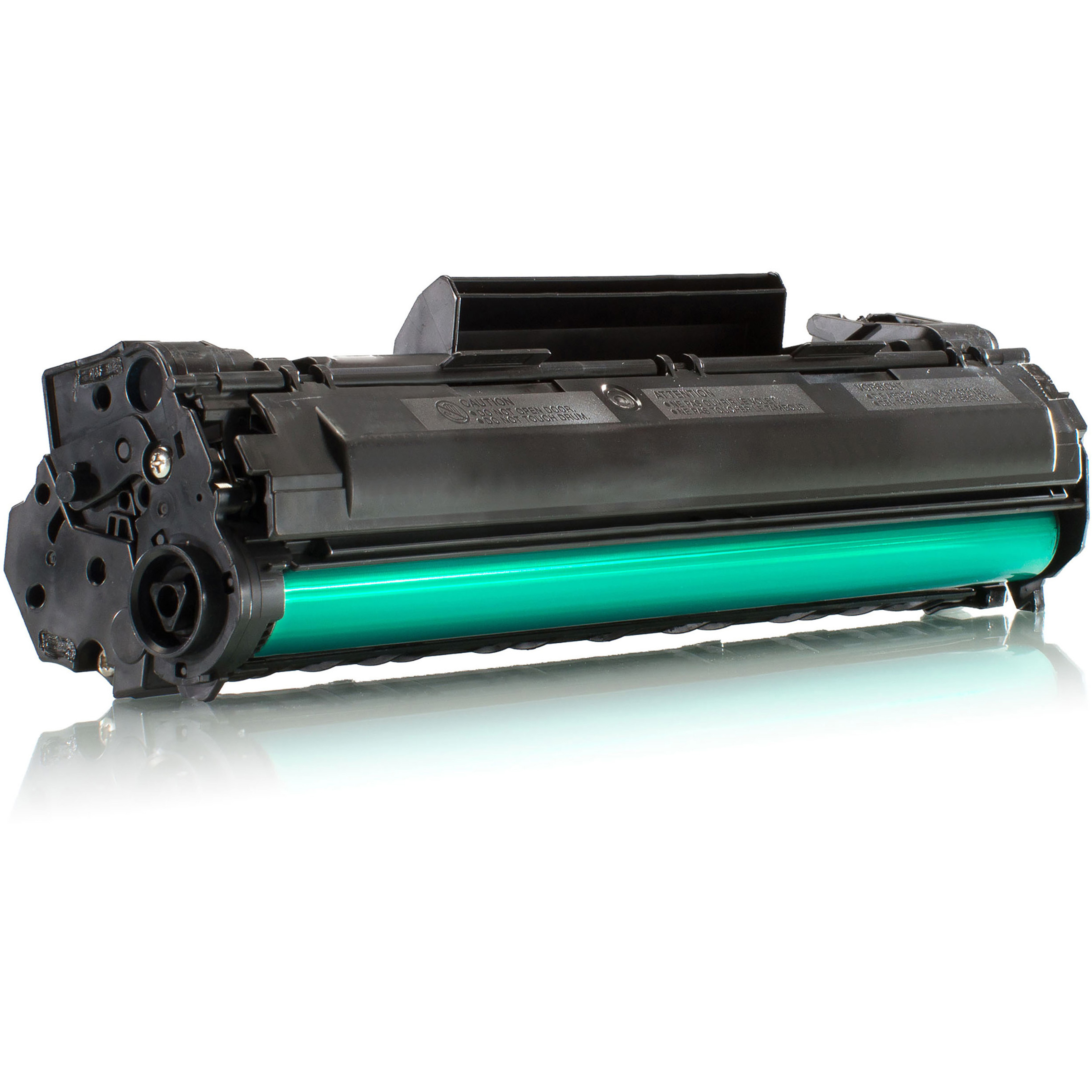 Cartucho de tóner negro y verde para impresora. Cilíndrico con varios componentes.
